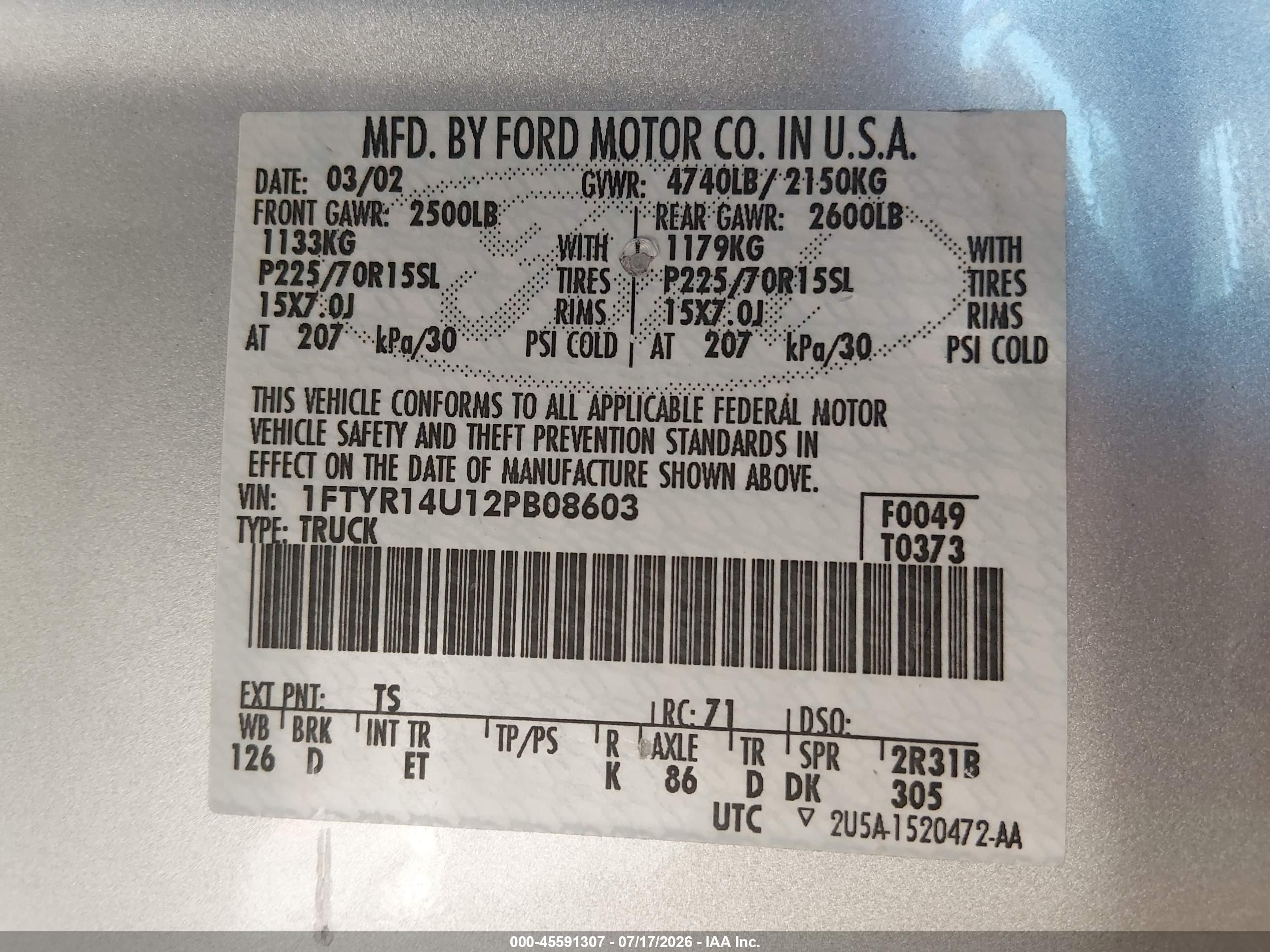2002 Ford Ranger Edge/tremor/xl/xlt Silver vin: 1FTYR14U12PB08603
