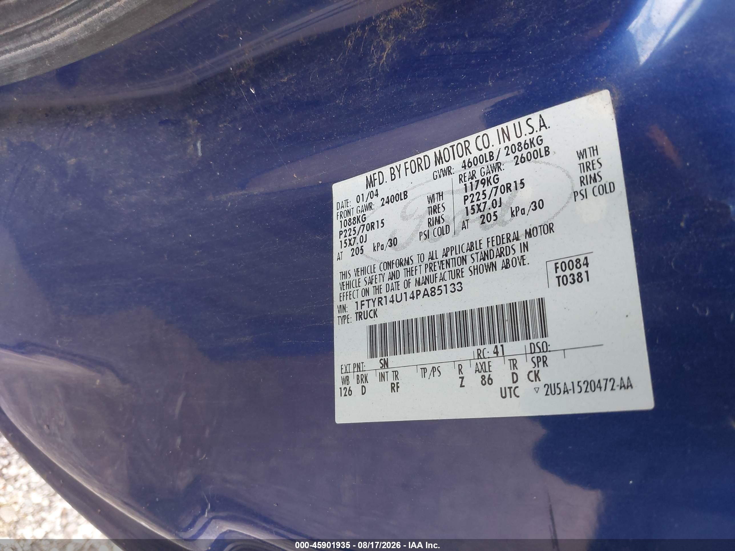 2004 Ford Ranger Edge/tremor/xl/xlt Blue vin: 1FTYR14U14PA85133
