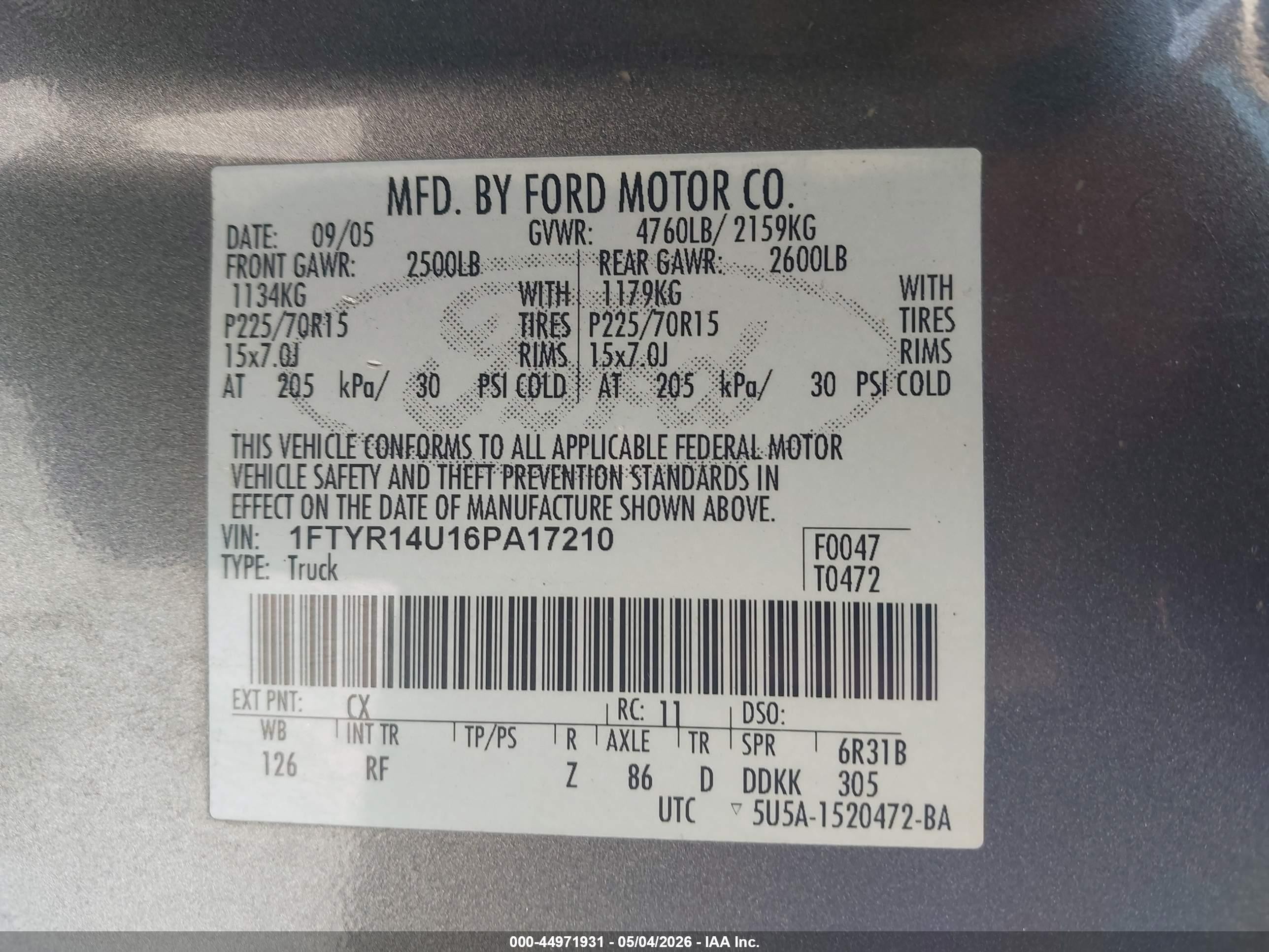 2006 Ford Ranger Sport/stx/xl/xlt Серый vin: 1FTYR14U16PA17210