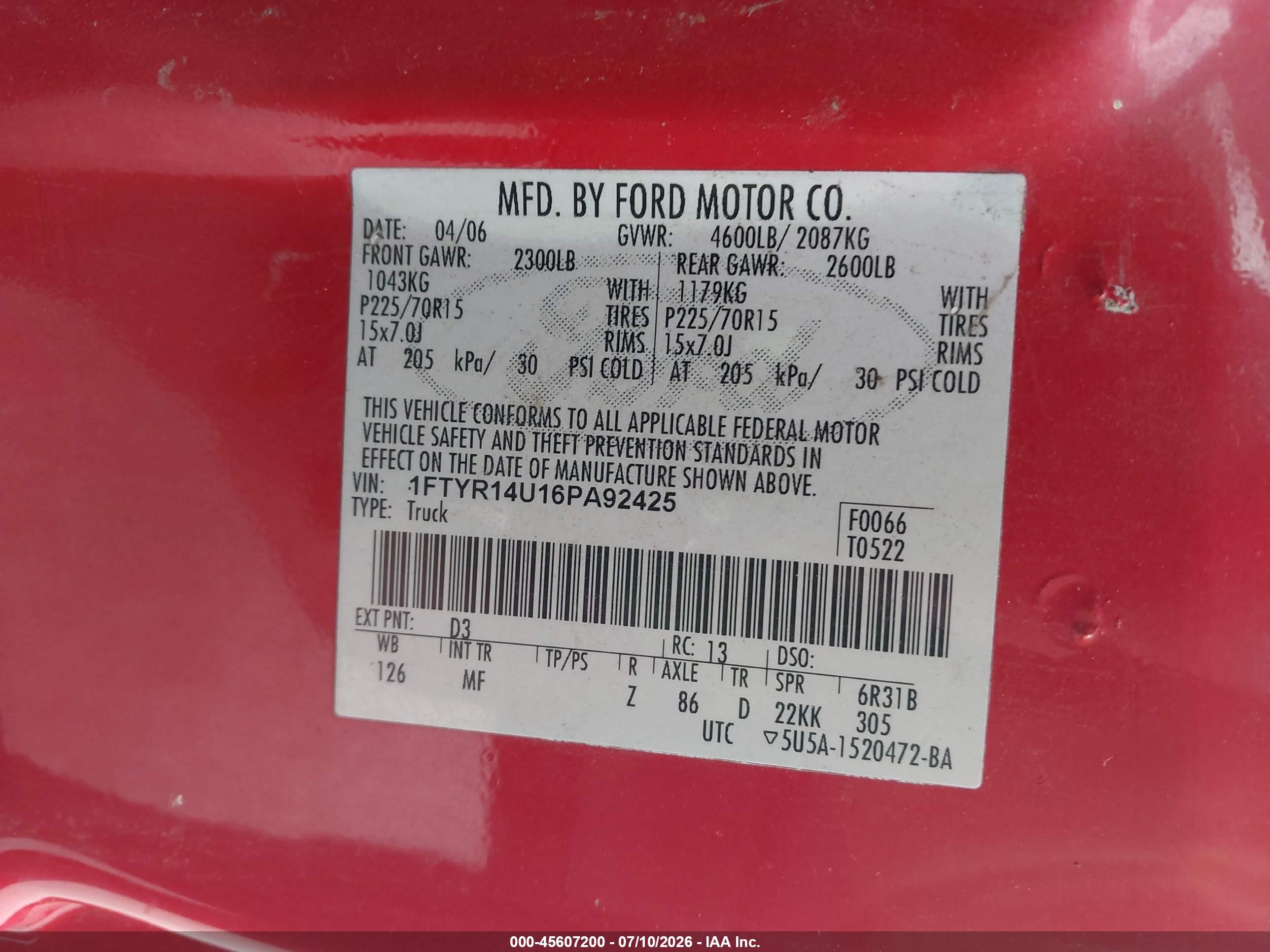 2006 Ford Ranger Sport/stx/xl/xlt Red vin: 1FTYR14U16PA92425
