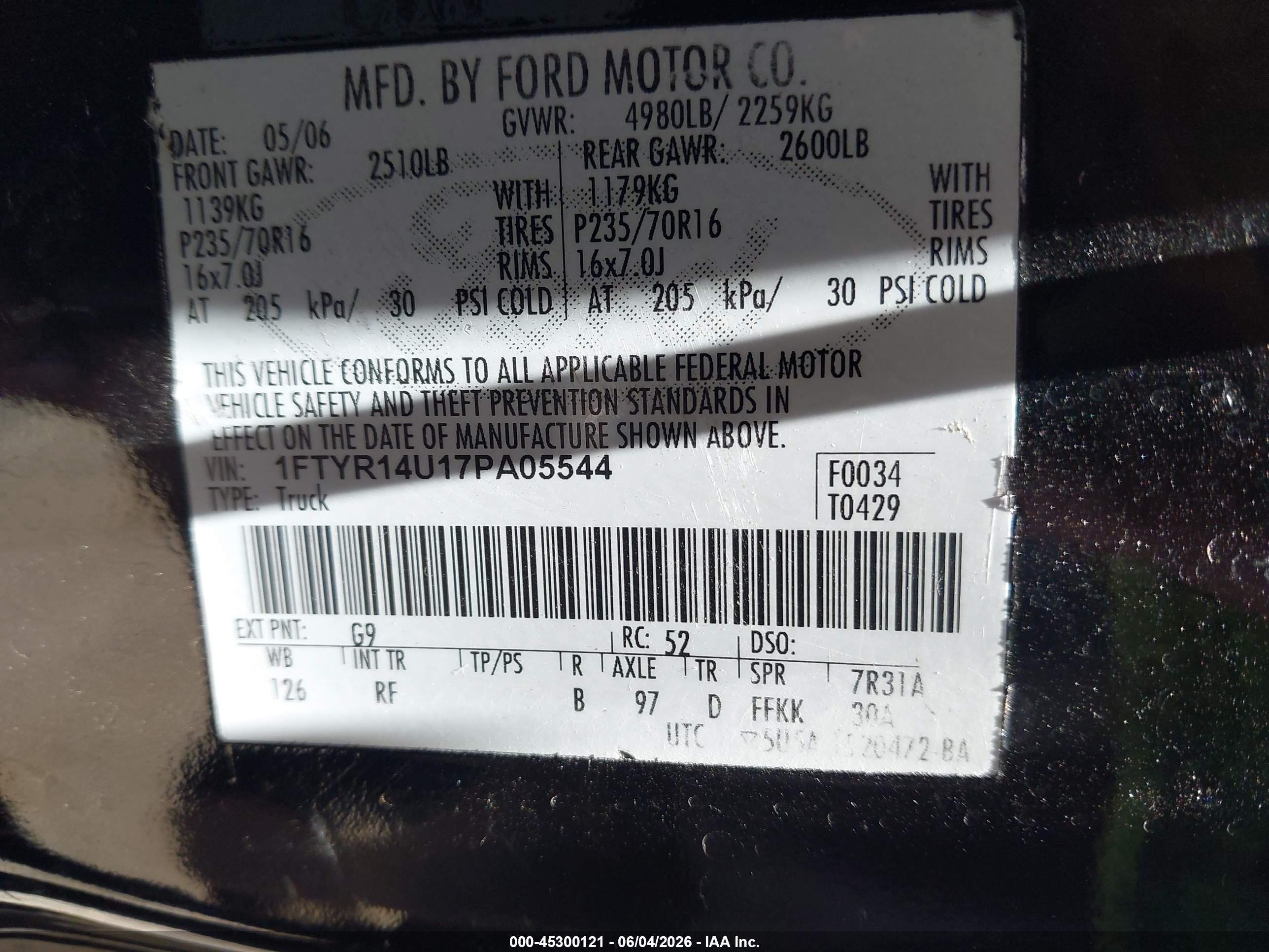 2007 Ford Ranger Sport/stx/xl/xlt Black vin: 1FTYR14U17PA05544