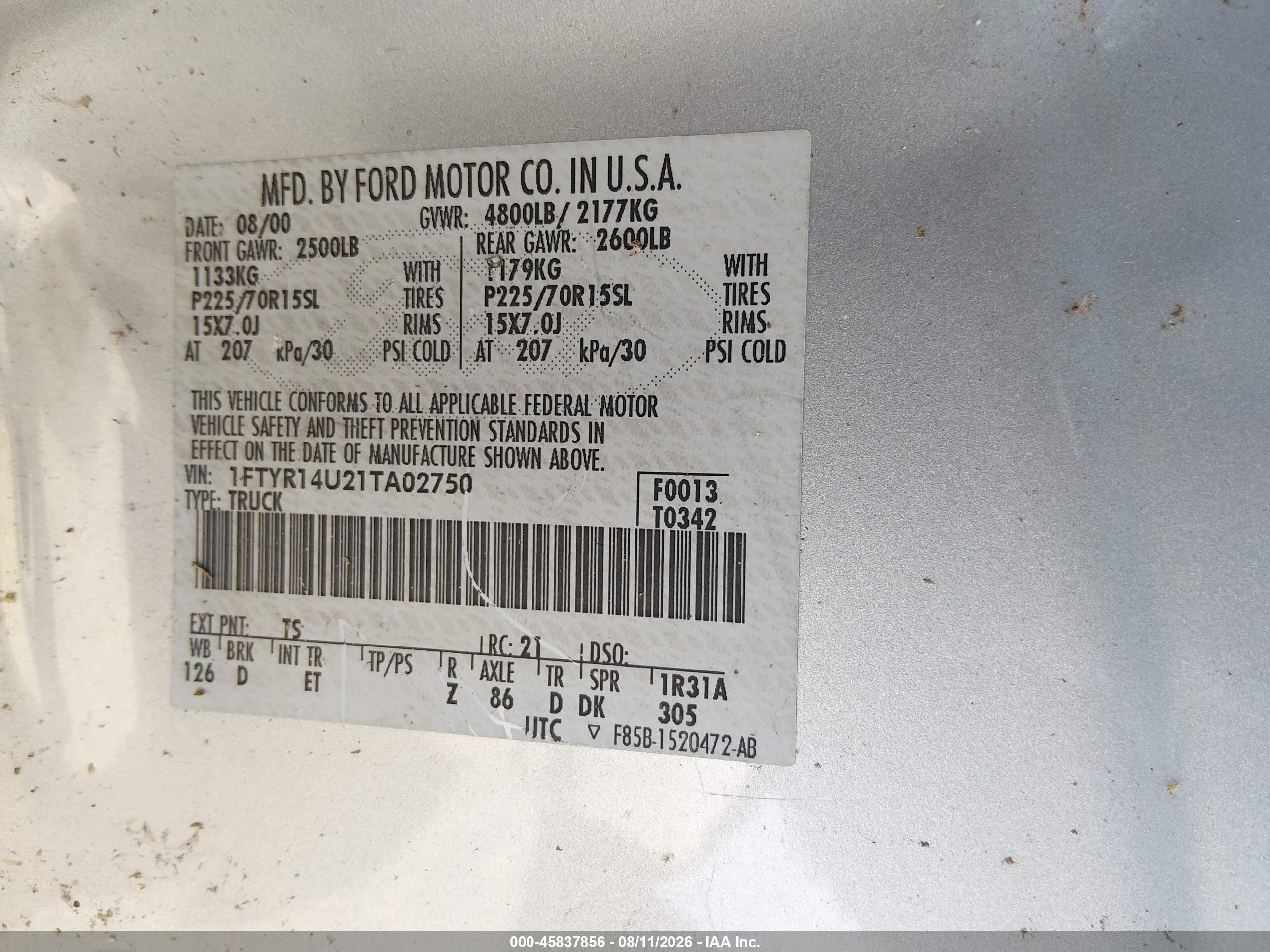 2001 Ford Ranger Edge/xl/xlt Silver vin: 1FTYR14U21TA02750