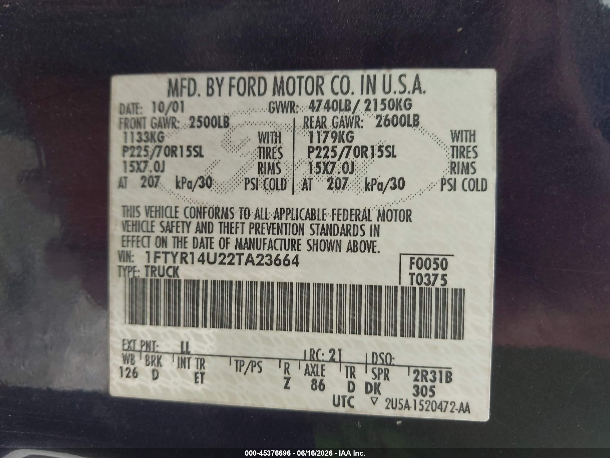 2002 Ford Ranger Edge/tremor/xl/xlt Черный vin: 1FTYR14U22TA23664