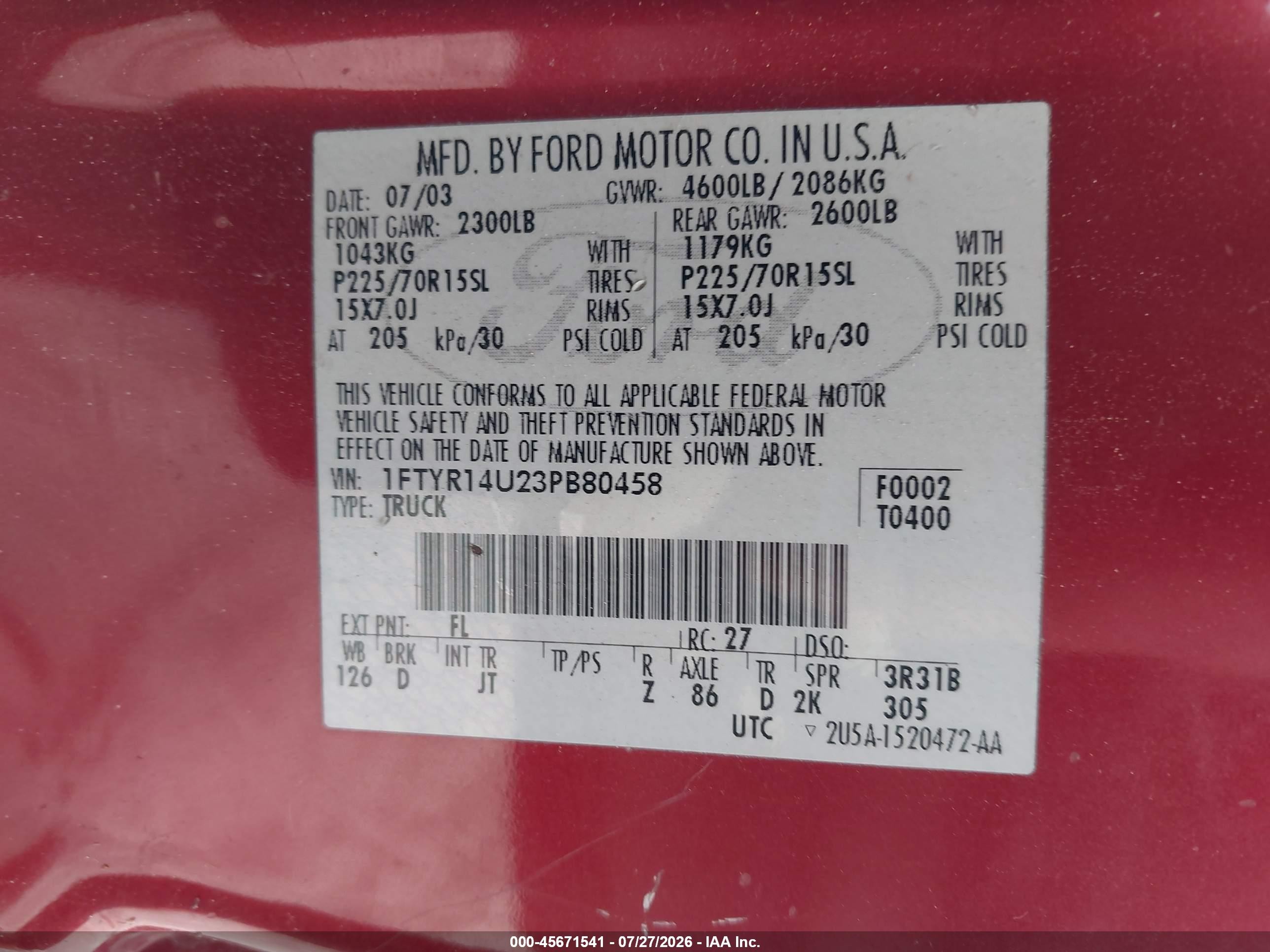 2003 Ford Ranger Edge/tremor/xl/xlt Красный vin: 1FTYR14U23PB80458