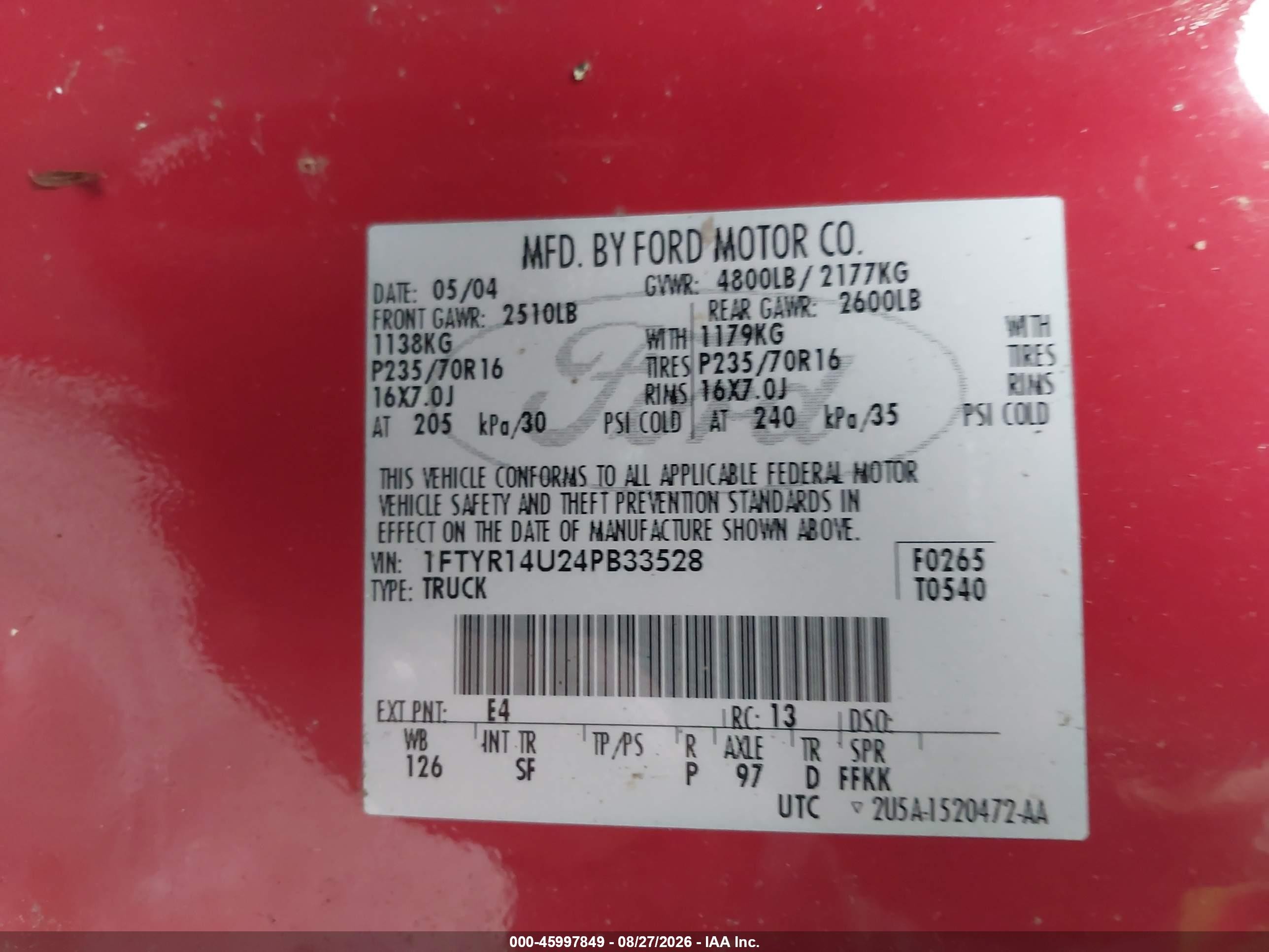 2004 Ford Ranger Edge/tremor/xl/xlt Red vin: 1FTYR14U24PB33528