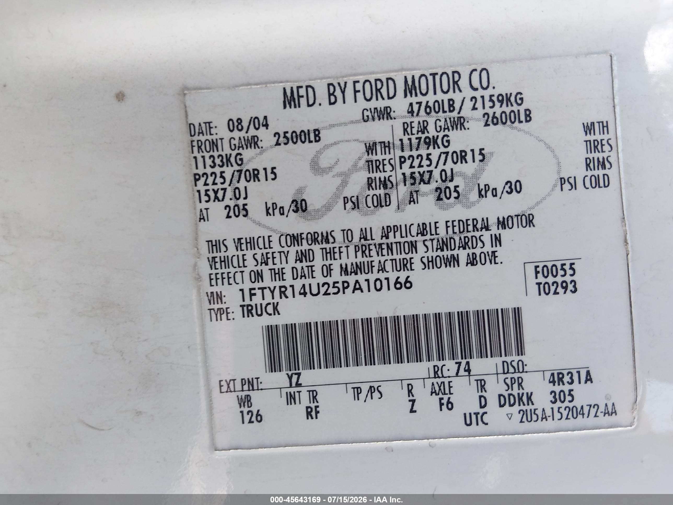 2005 Ford Ranger Edge/stx/xl/xlt White vin: 1FTYR14U25PA10166