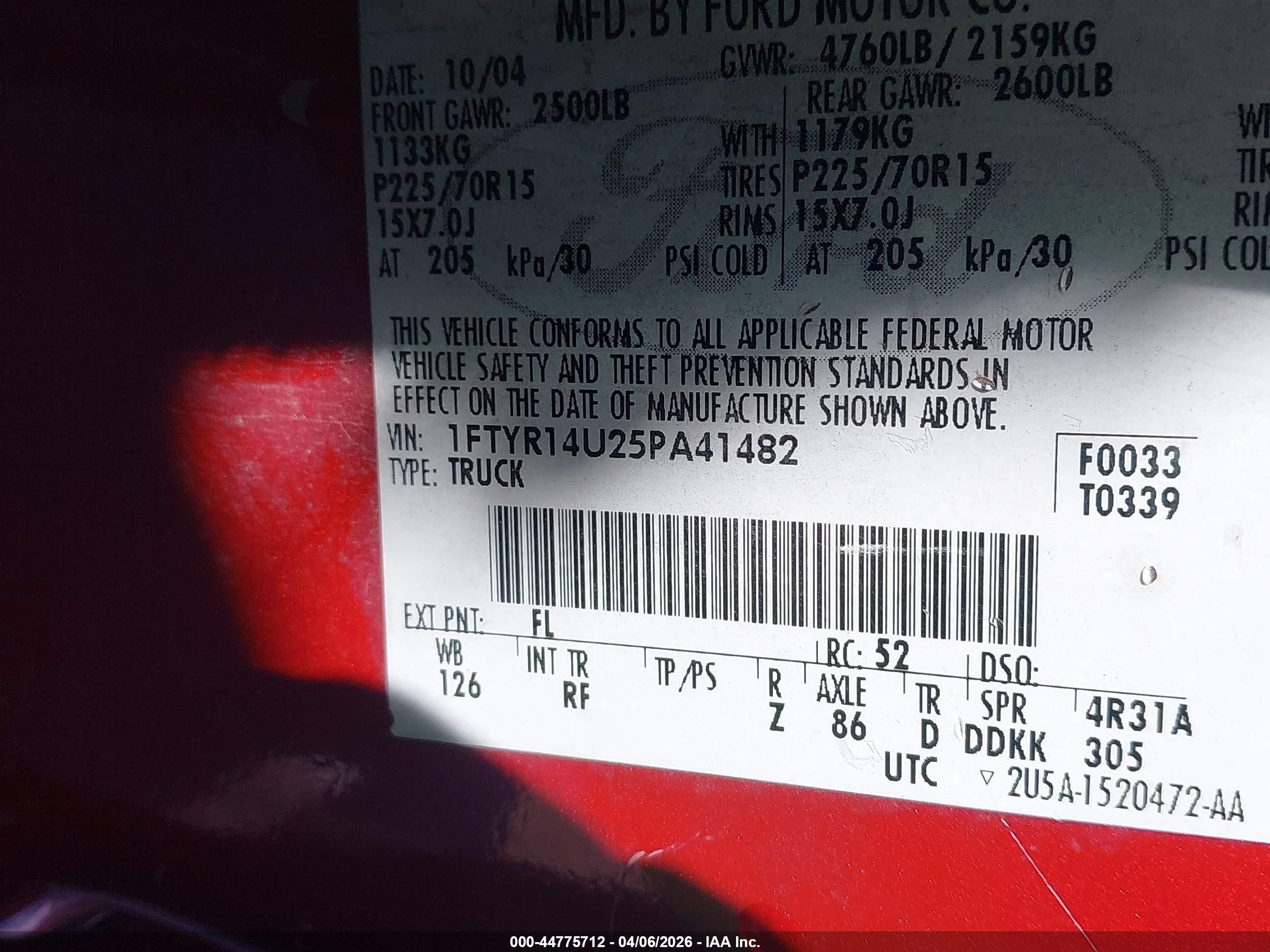 2005 Ford Ranger Edge/stx/xl/xlt Red vin: 1FTYR14U25PA41482