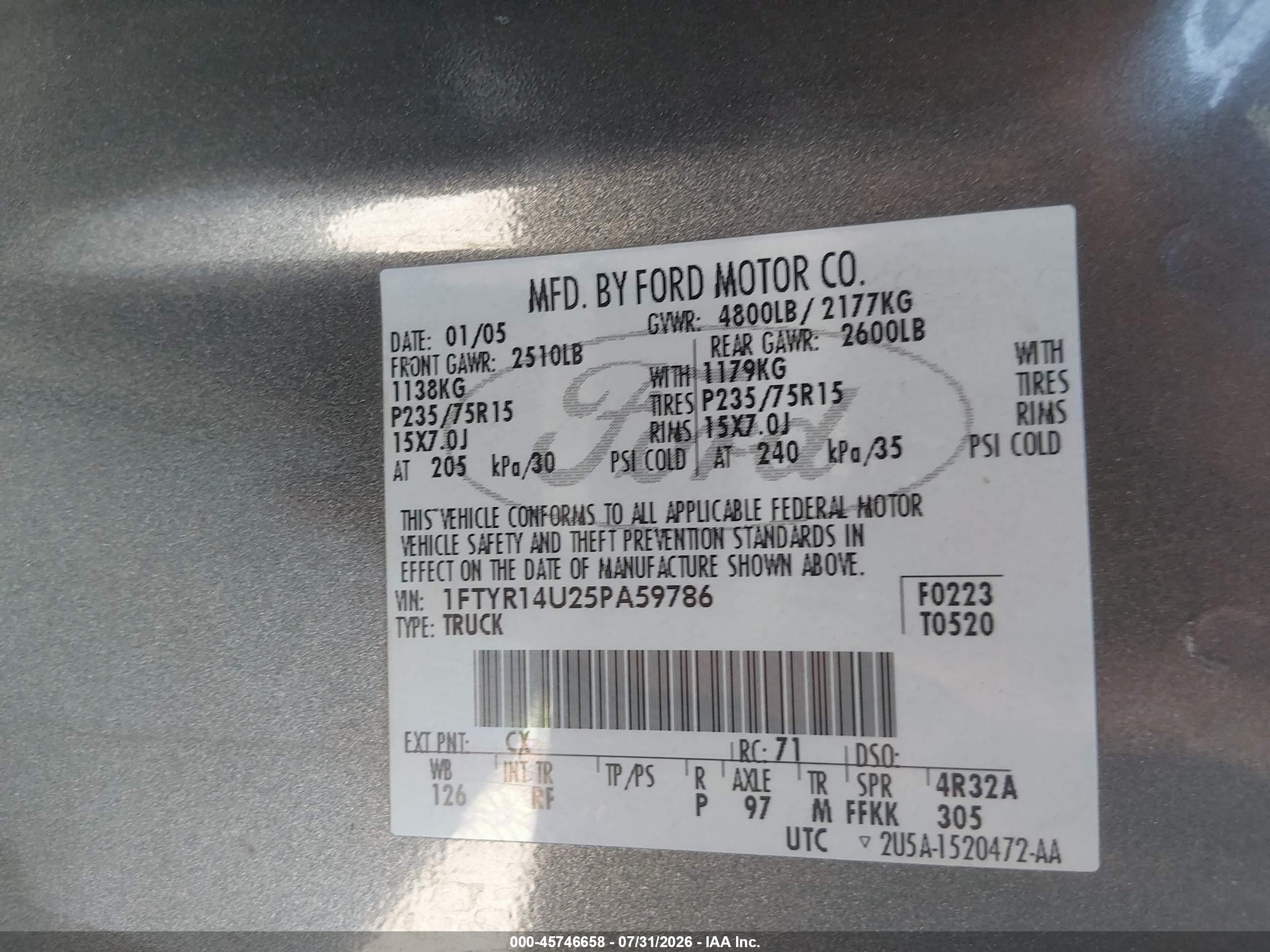 2005 Ford Ranger Edge/stx/xl/xlt Gray vin: 1FTYR14U25PA59786
