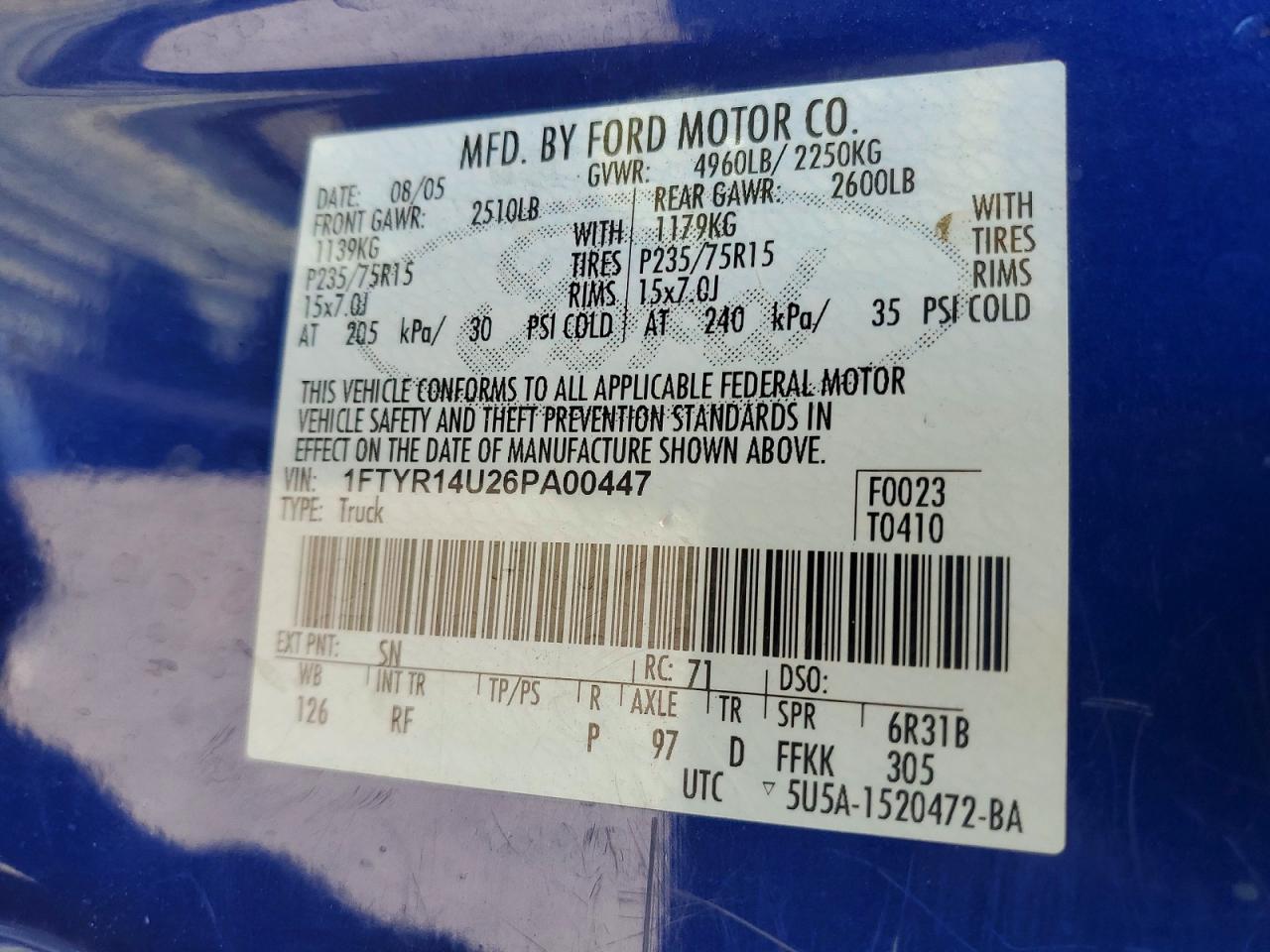 2006 Ford Ranger Super Cab Blue vin: 1FTYR14U26PA00447