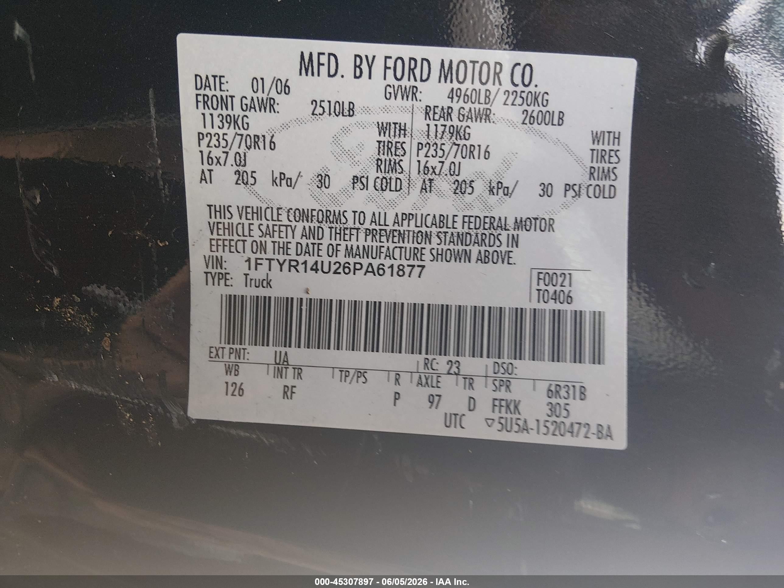2006 Ford Ranger Sport/stx/xl/xlt Black vin: 1FTYR14U26PA61877