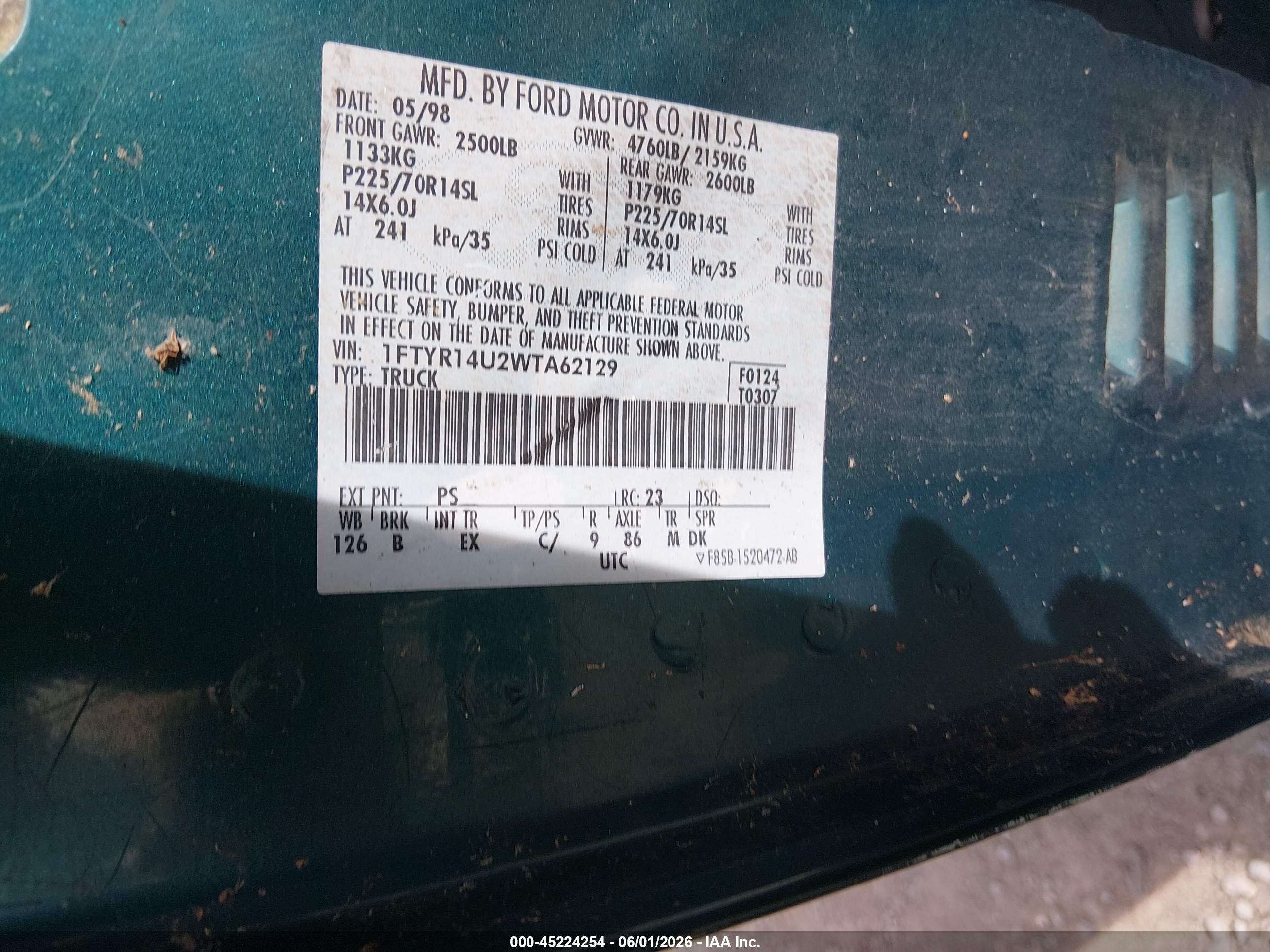1998 Ford Ranger Splash/xl/xlt Green vin: 1FTYR14U2WTA62129