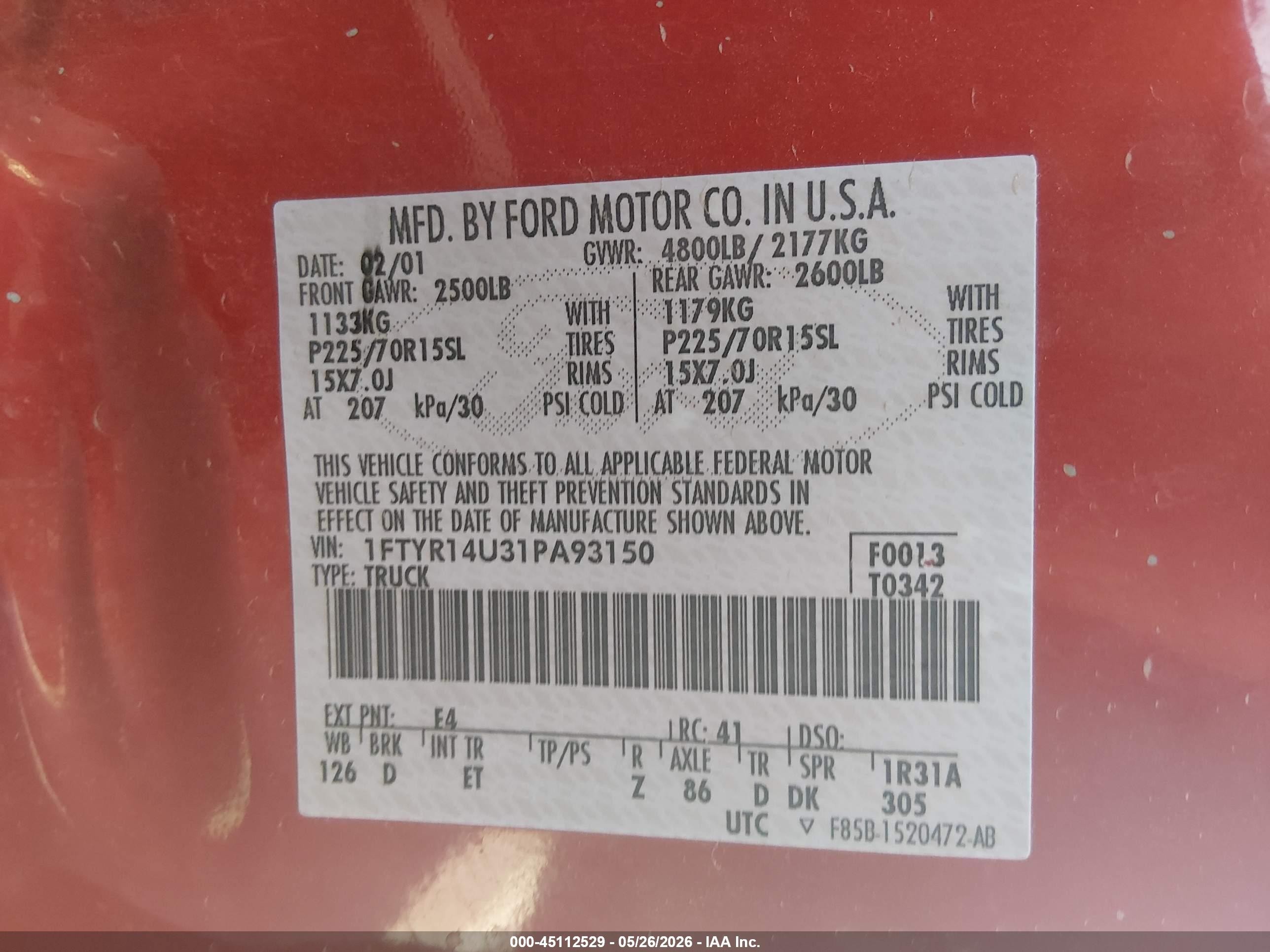 2001 Ford Ranger Edge/xl/xlt Red vin: 1FTYR14U31PA93150