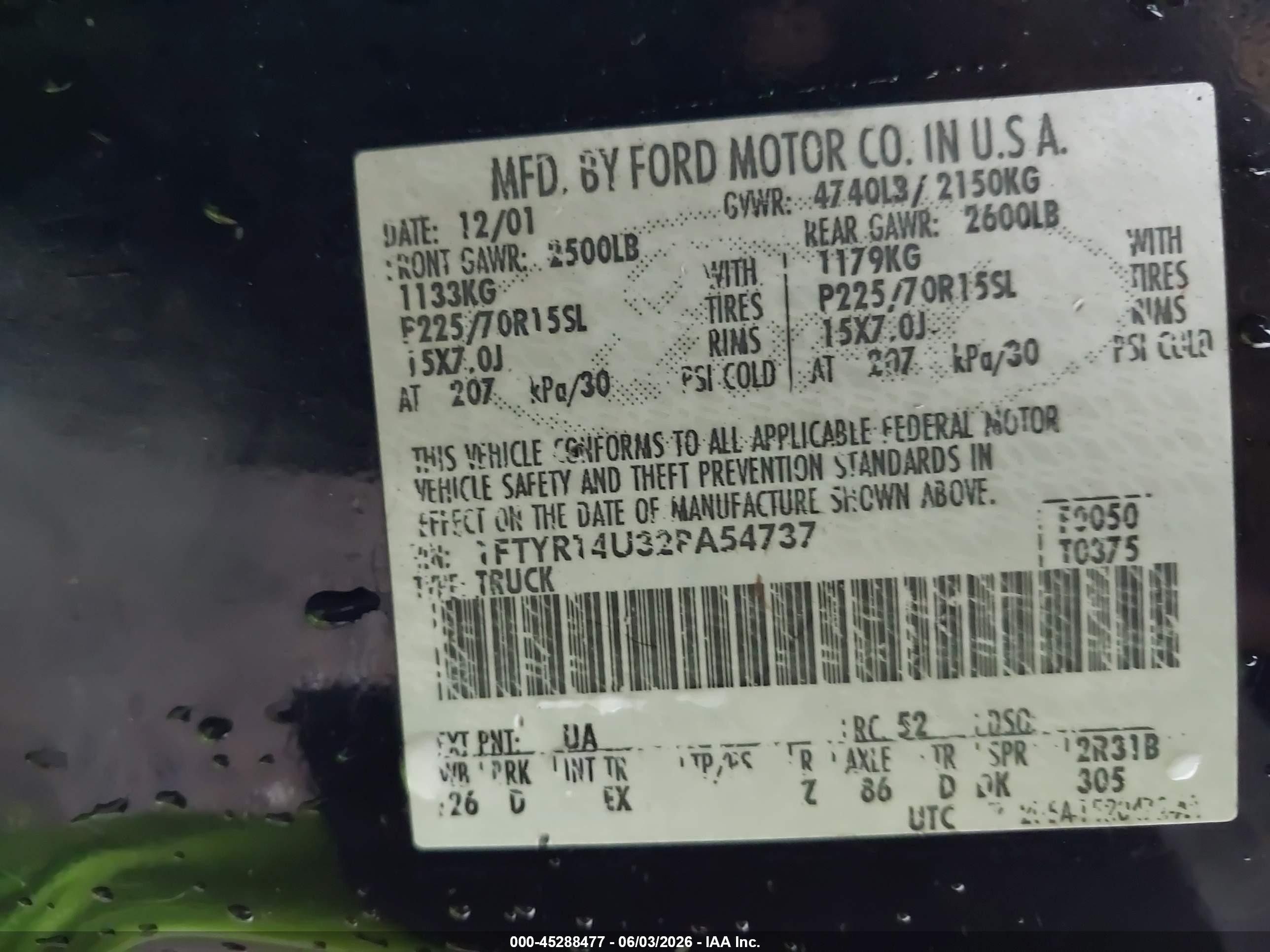 2002 Ford Ranger Edge/tremor/xl/xlt Black vin: 1FTYR14U32PA54737