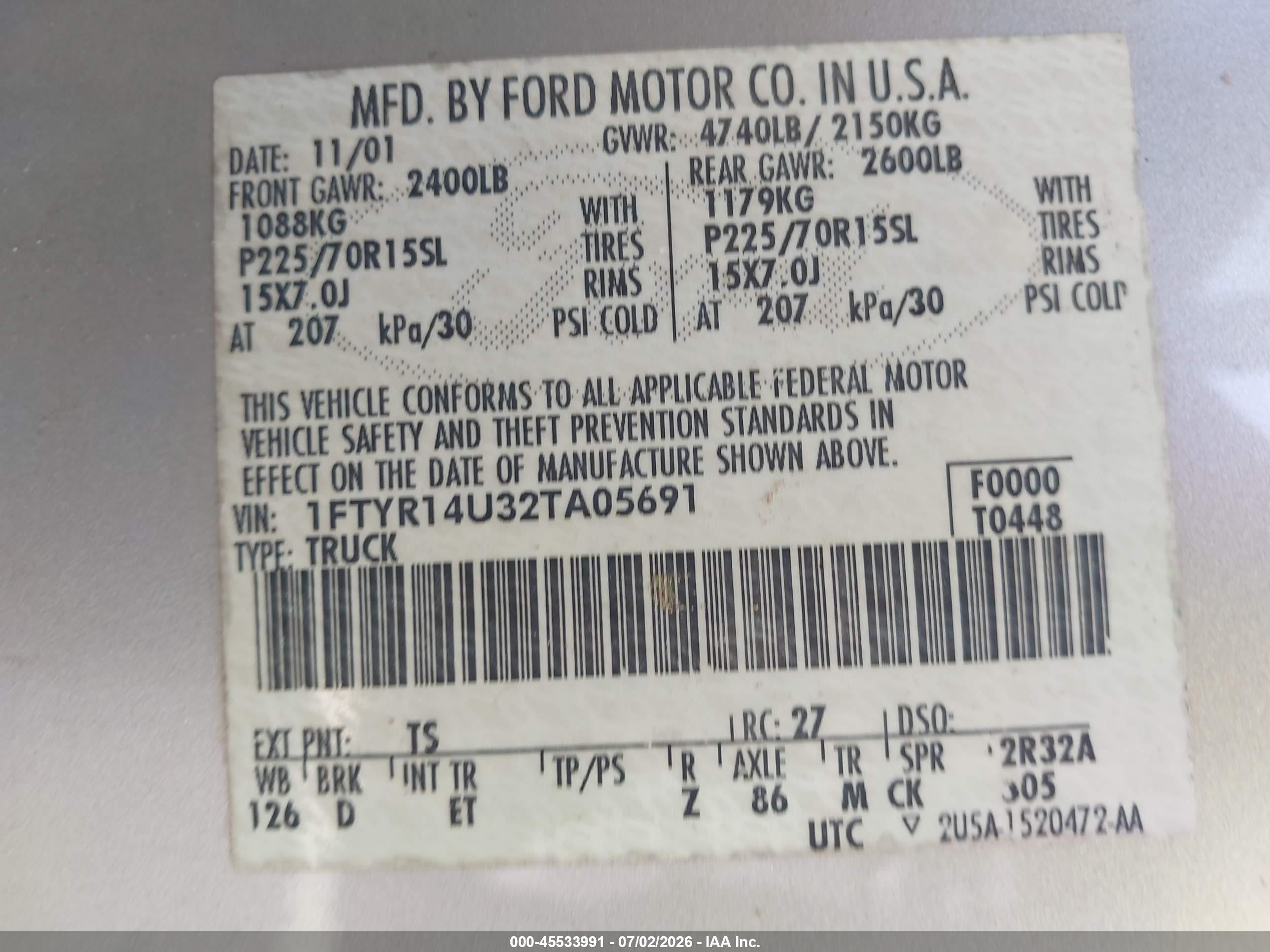 2002 Ford Ranger Edge/tremor/xl/xlt Silver vin: 1FTYR14U32TA05691