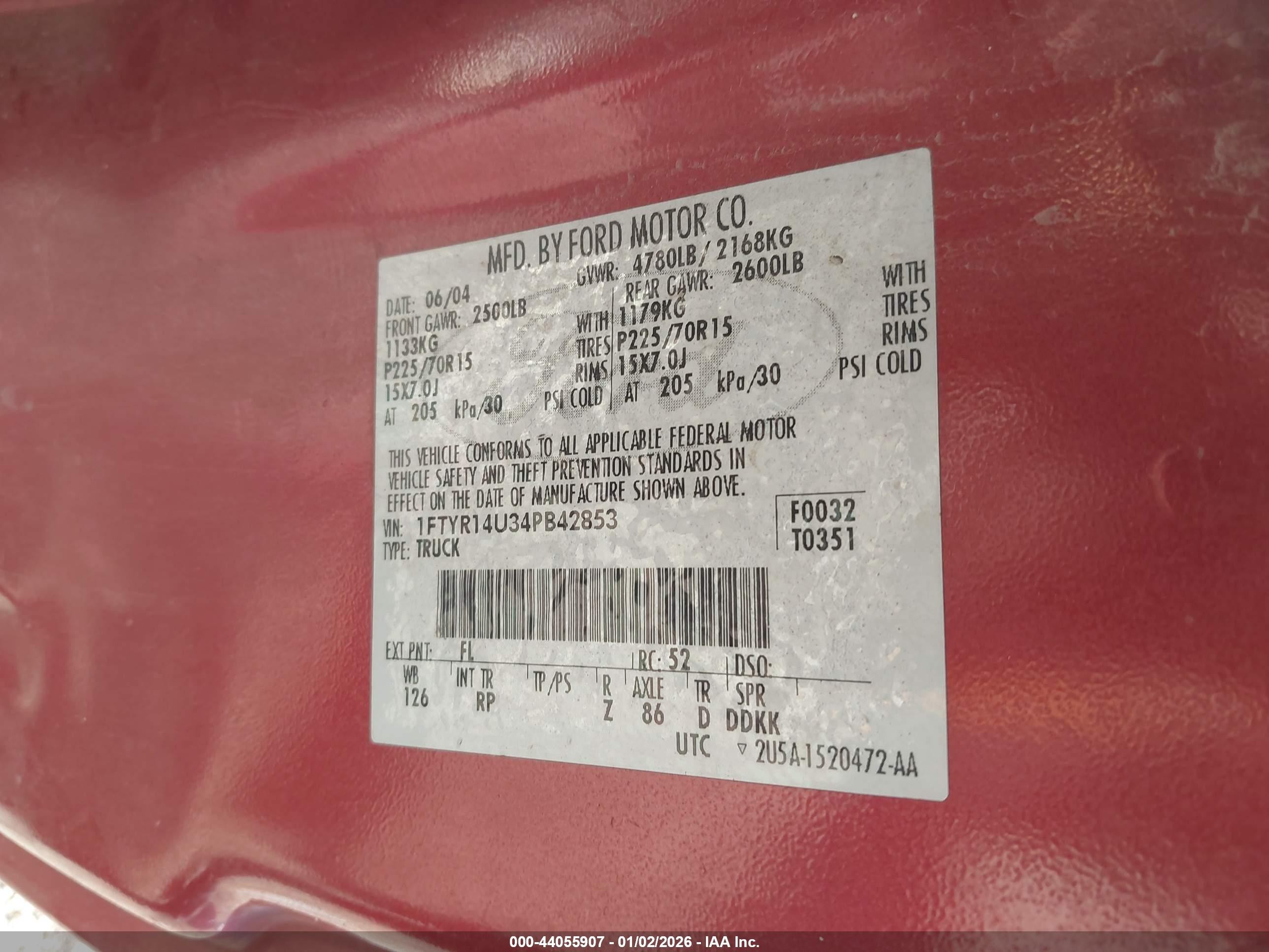 2004 Ford Ranger Edge/tremor/xl/xlt Red vin: 1FTYR14U34PB42853