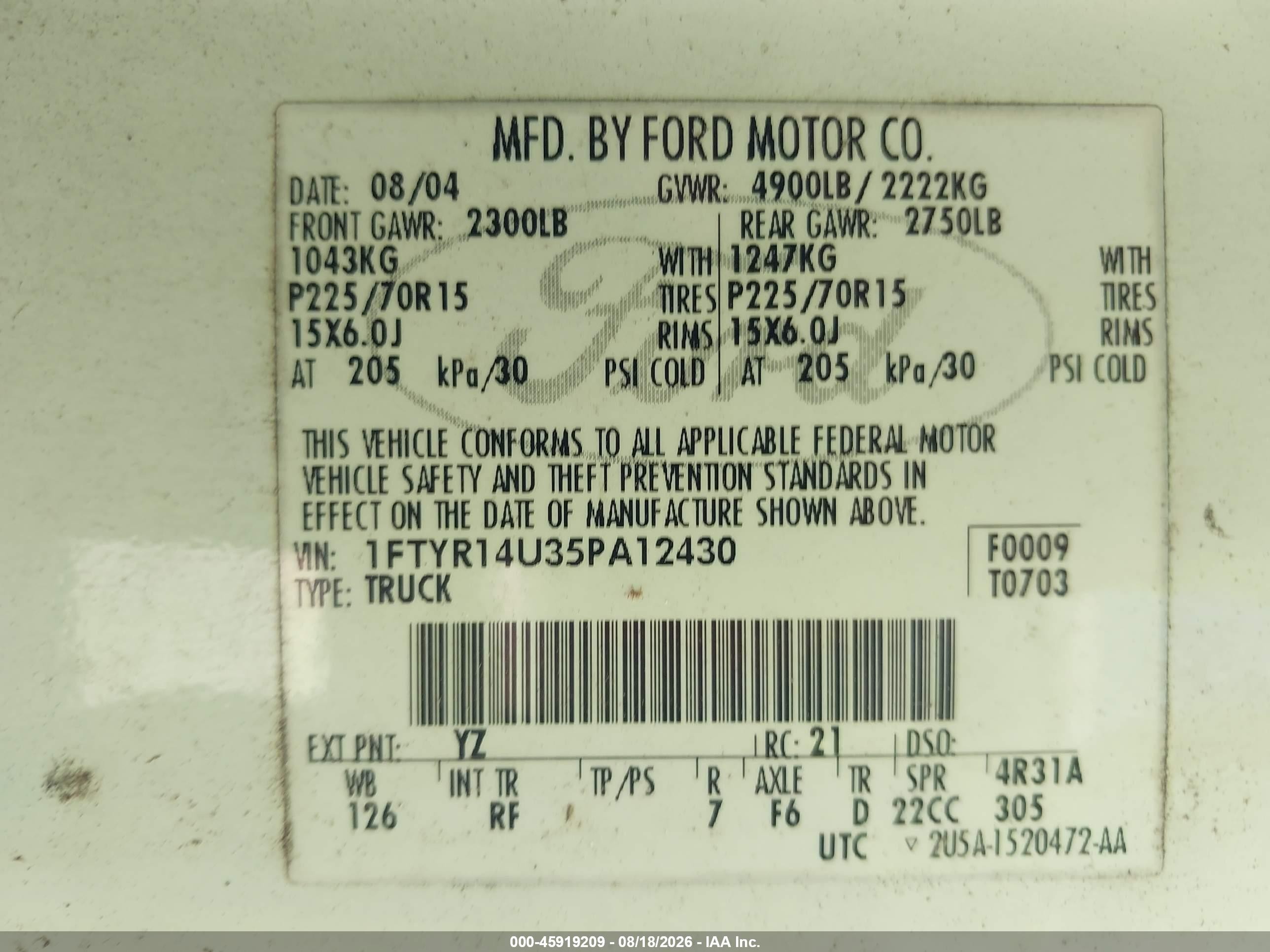 2005 Ford Ranger Edge/stx/xl/xlt Белый vin: 1FTYR14U35PA12430