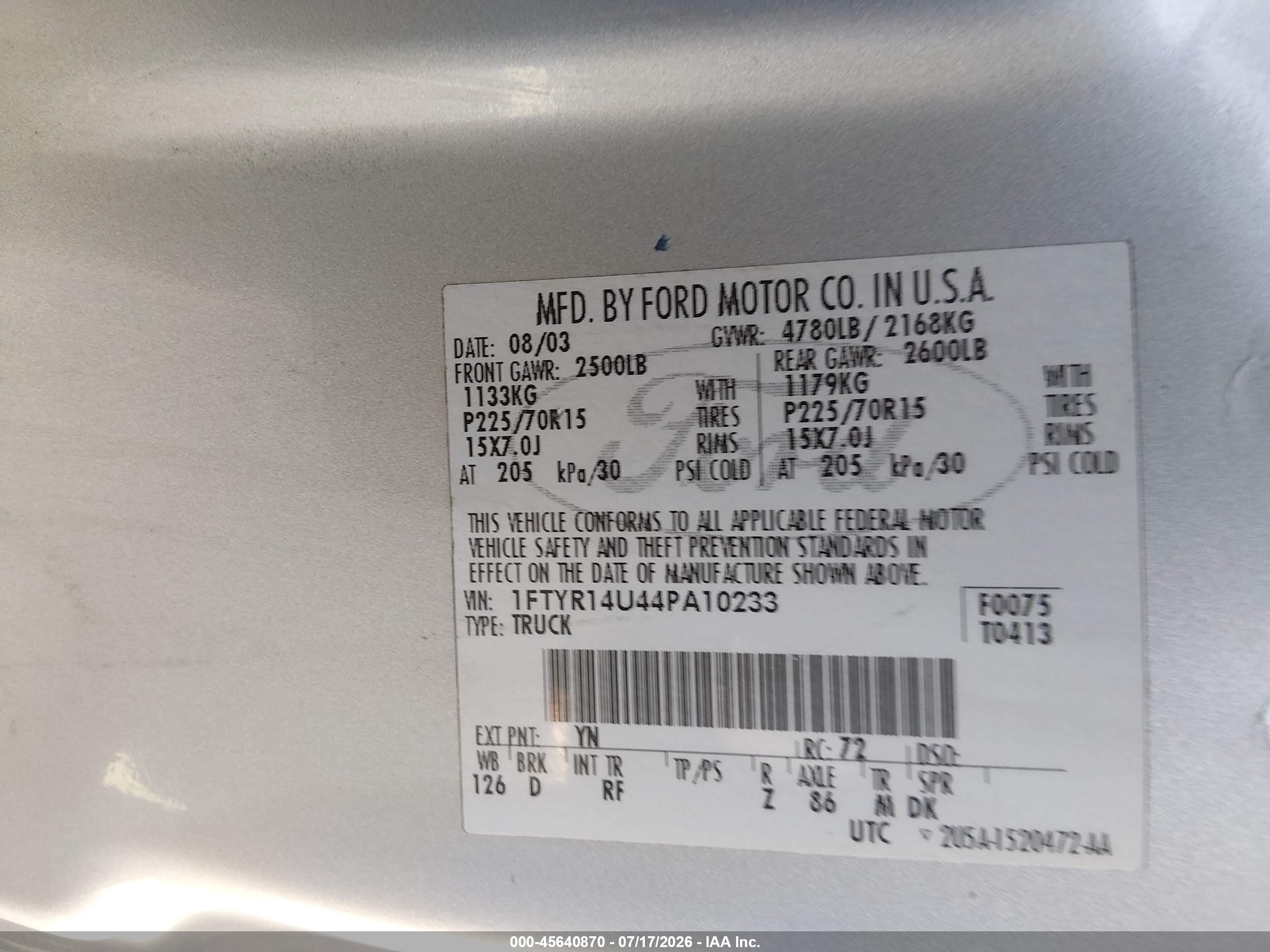 2004 Ford Ranger Edge/tremor/xl/xlt Silver vin: 1FTYR14U44PA10233