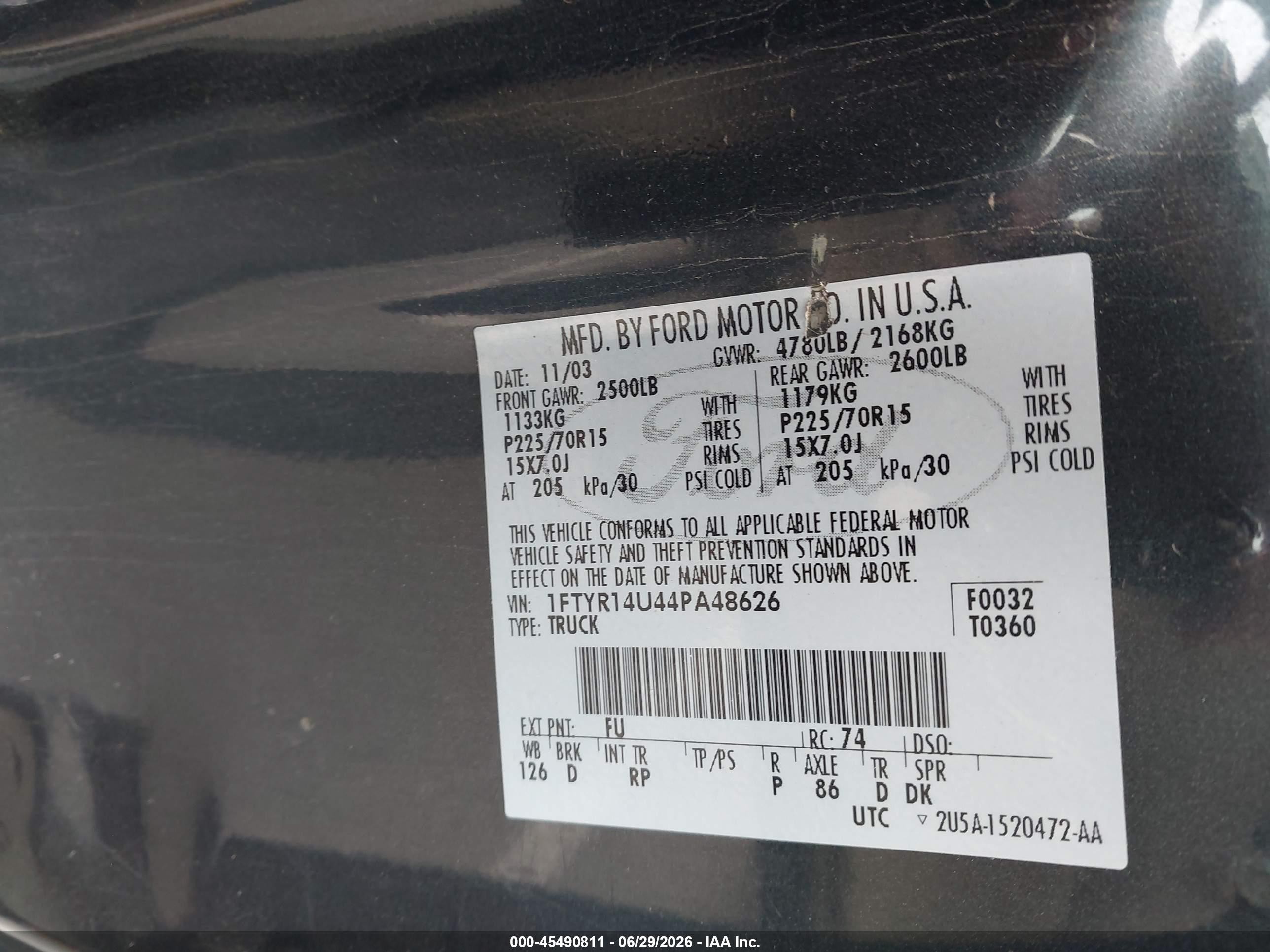 2004 Ford Ranger Edge/tremor/xl/xlt Black vin: 1FTYR14U44PA48626