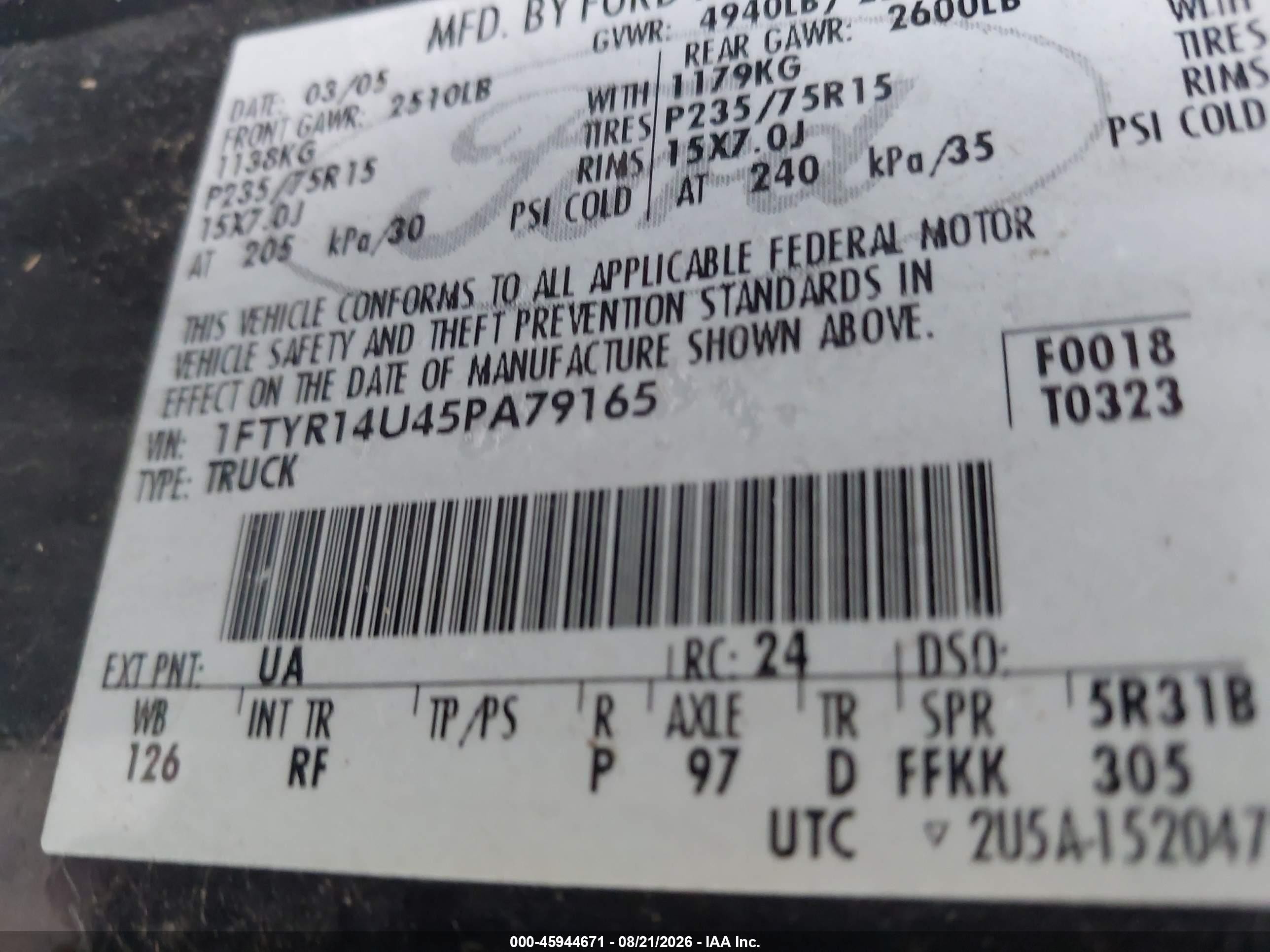 2005 Ford Ranger Edge/stx/xl/xlt Черный vin: 1FTYR14U45PA79165