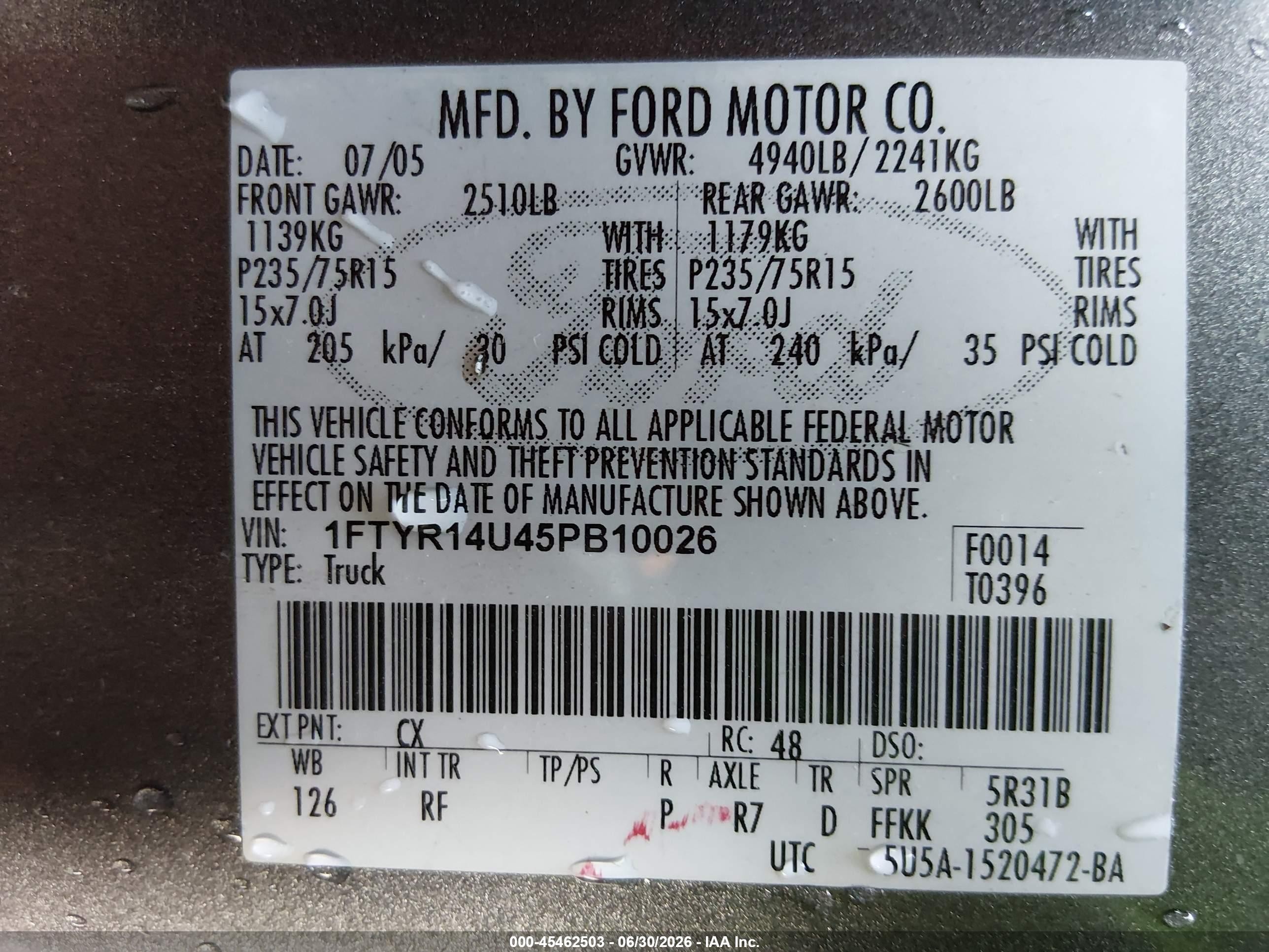 2005 Ford Ranger Edge/stx/xl/xlt Gray vin: 1FTYR14U45PB10026