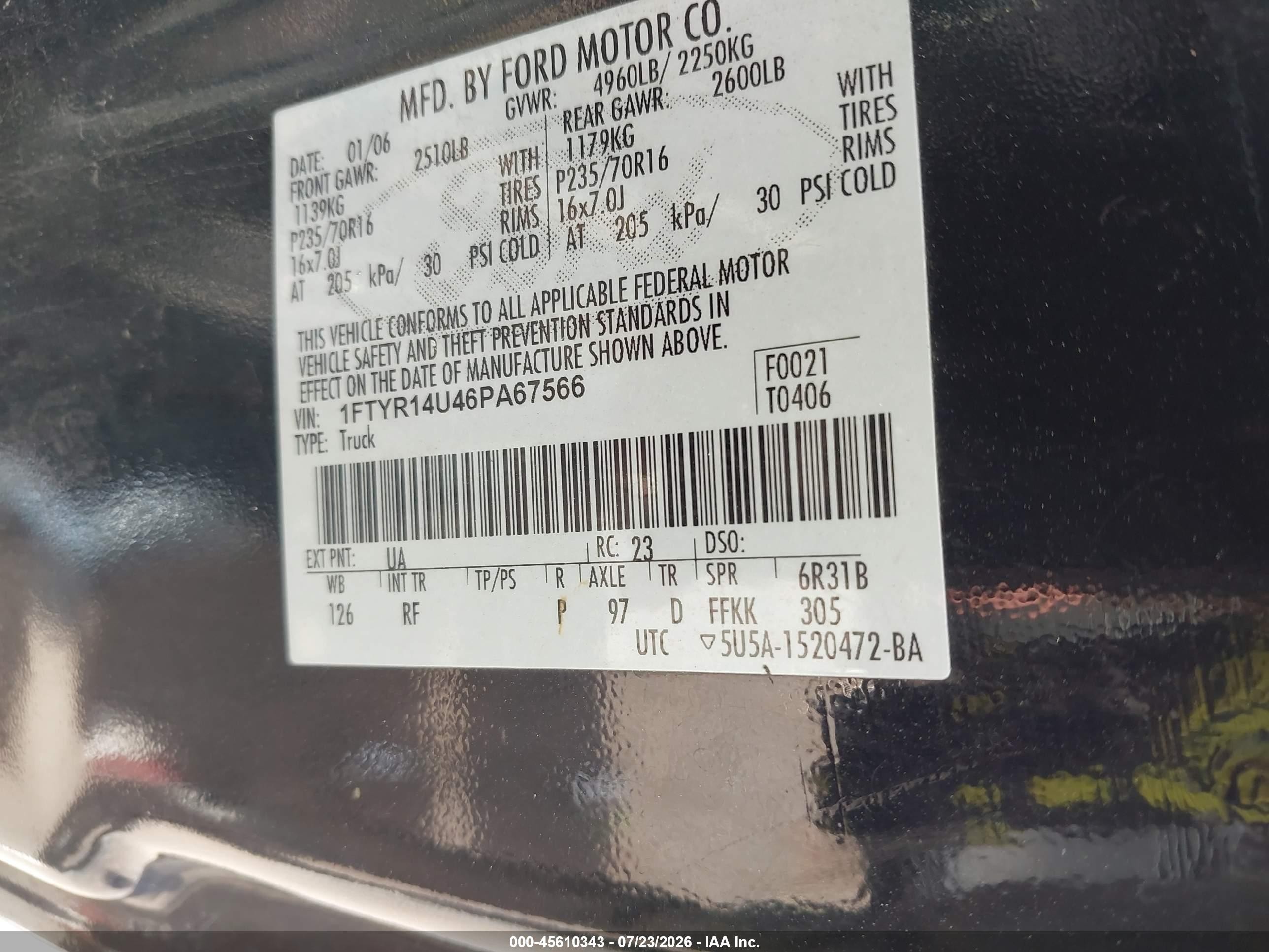 2006 Ford Ranger Sport/stx/xl/xlt Black vin: 1FTYR14U46PA67566