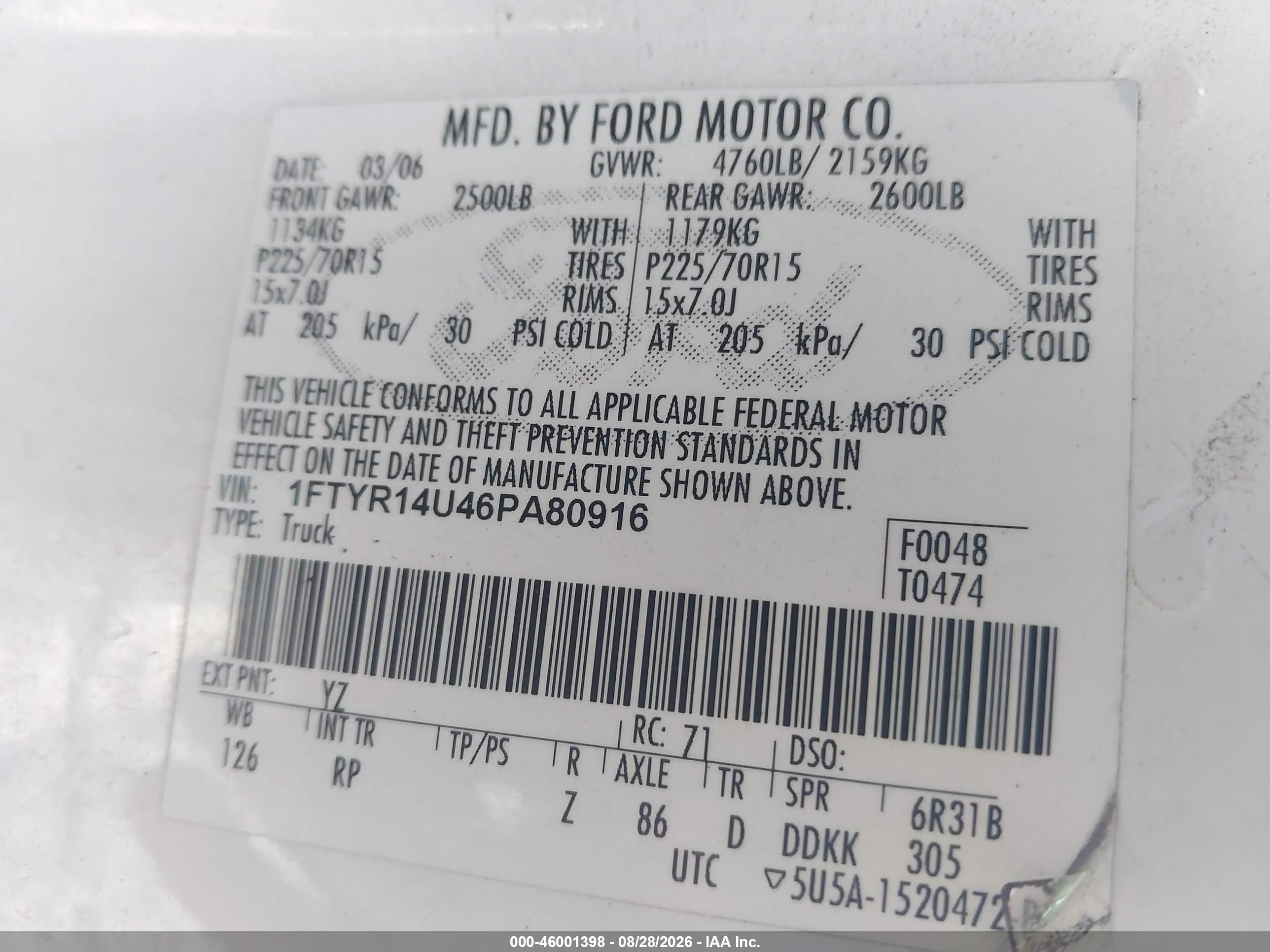 2006 Ford Ranger Sport/stx/xl/xlt White vin: 1FTYR14U46PA80916