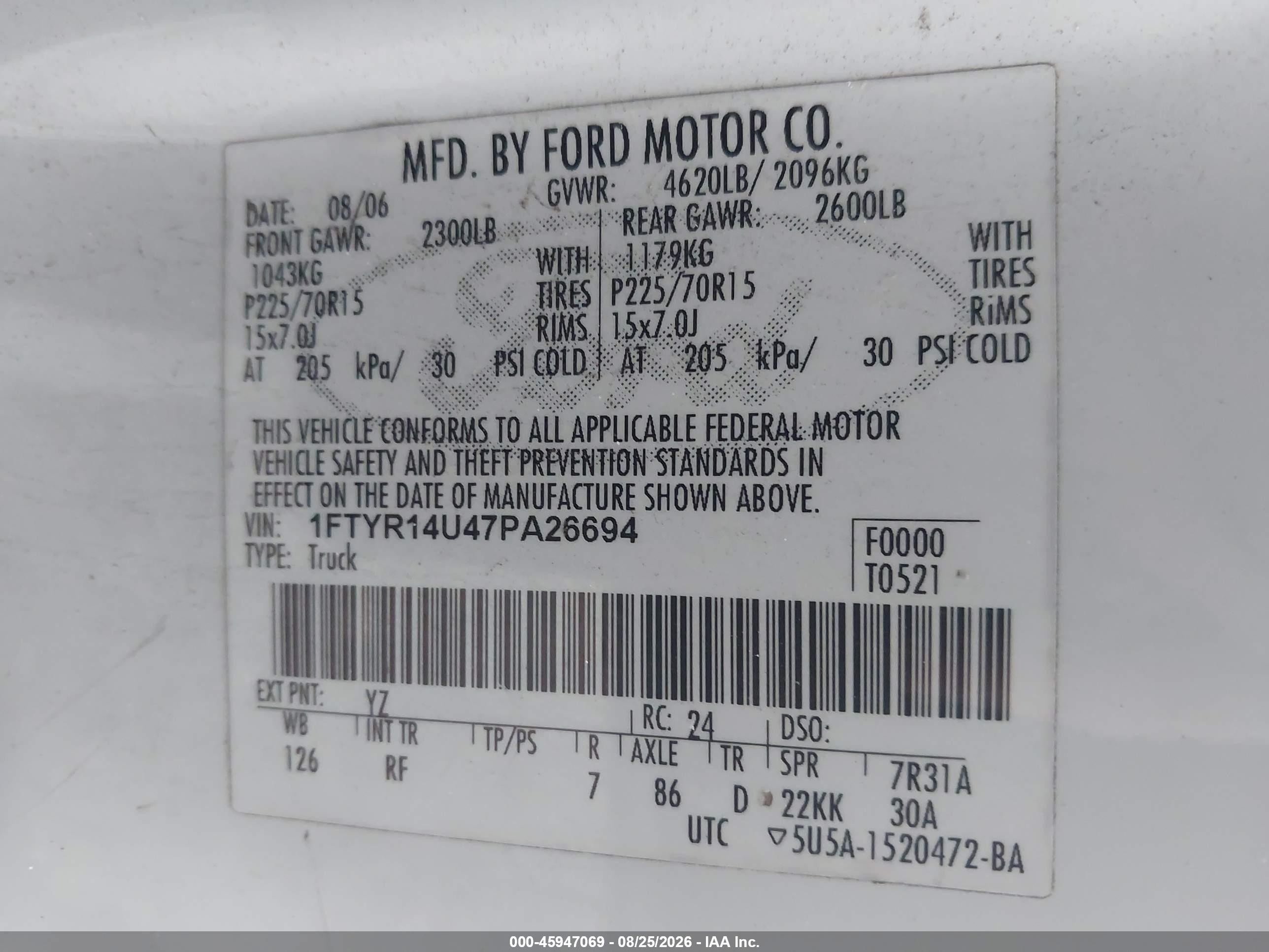 2007 Ford Ranger Sport/stx/xl/xlt White vin: 1FTYR14U47PA26694