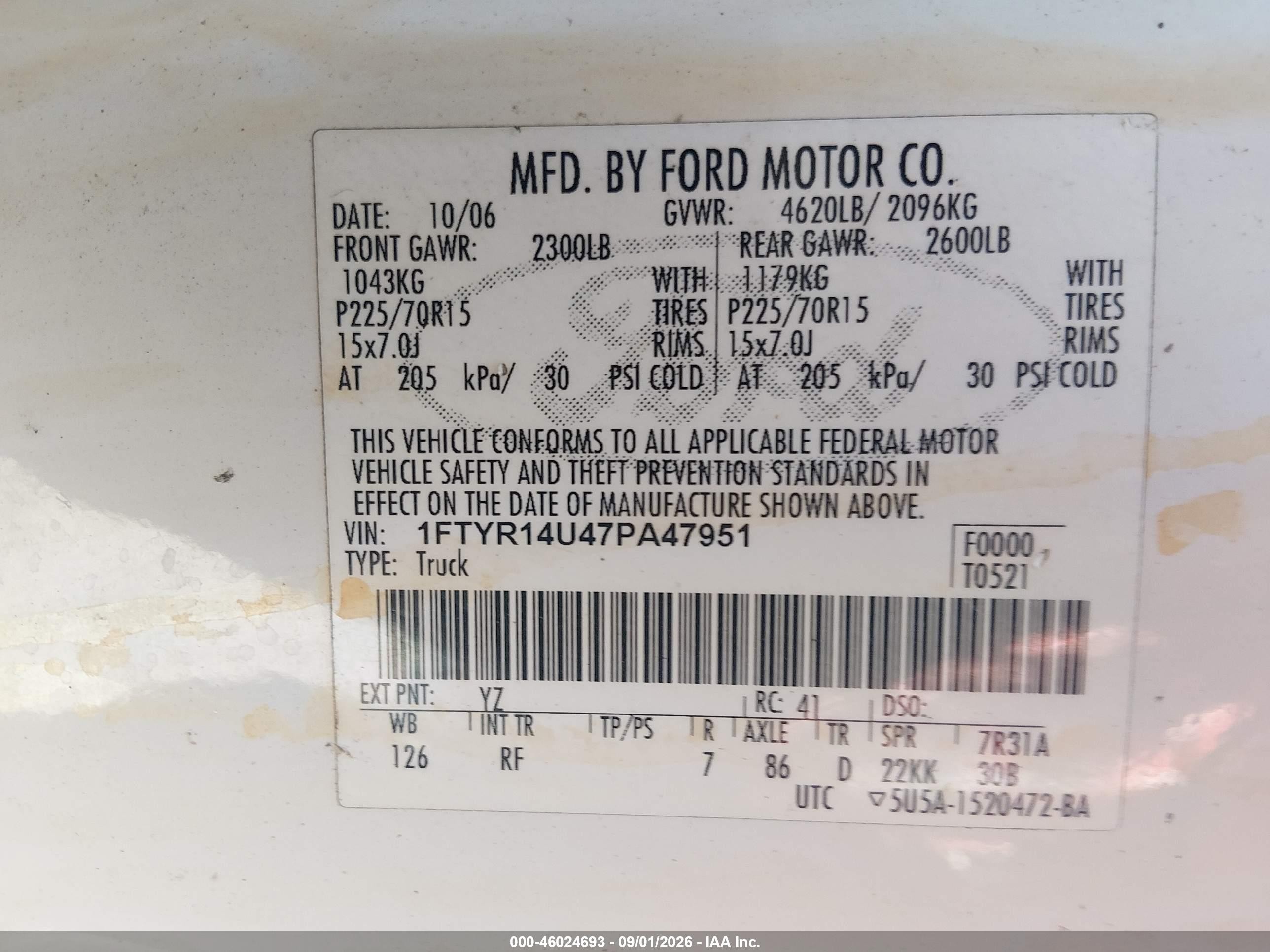 2007 Ford Ranger Sport/stx/xl/xlt White vin: 1FTYR14U47PA47951