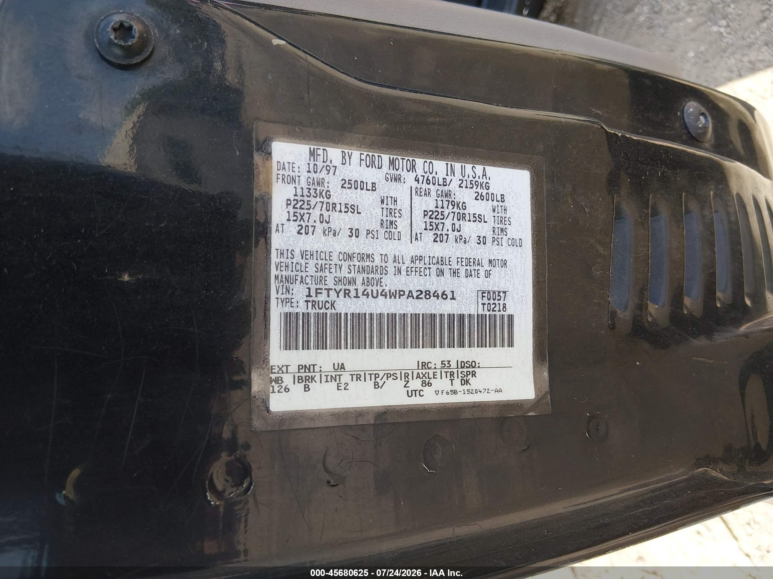 1998 Ford Ranger Splash/xl/xlt Black vin: 1FTYR14U4WPA28461