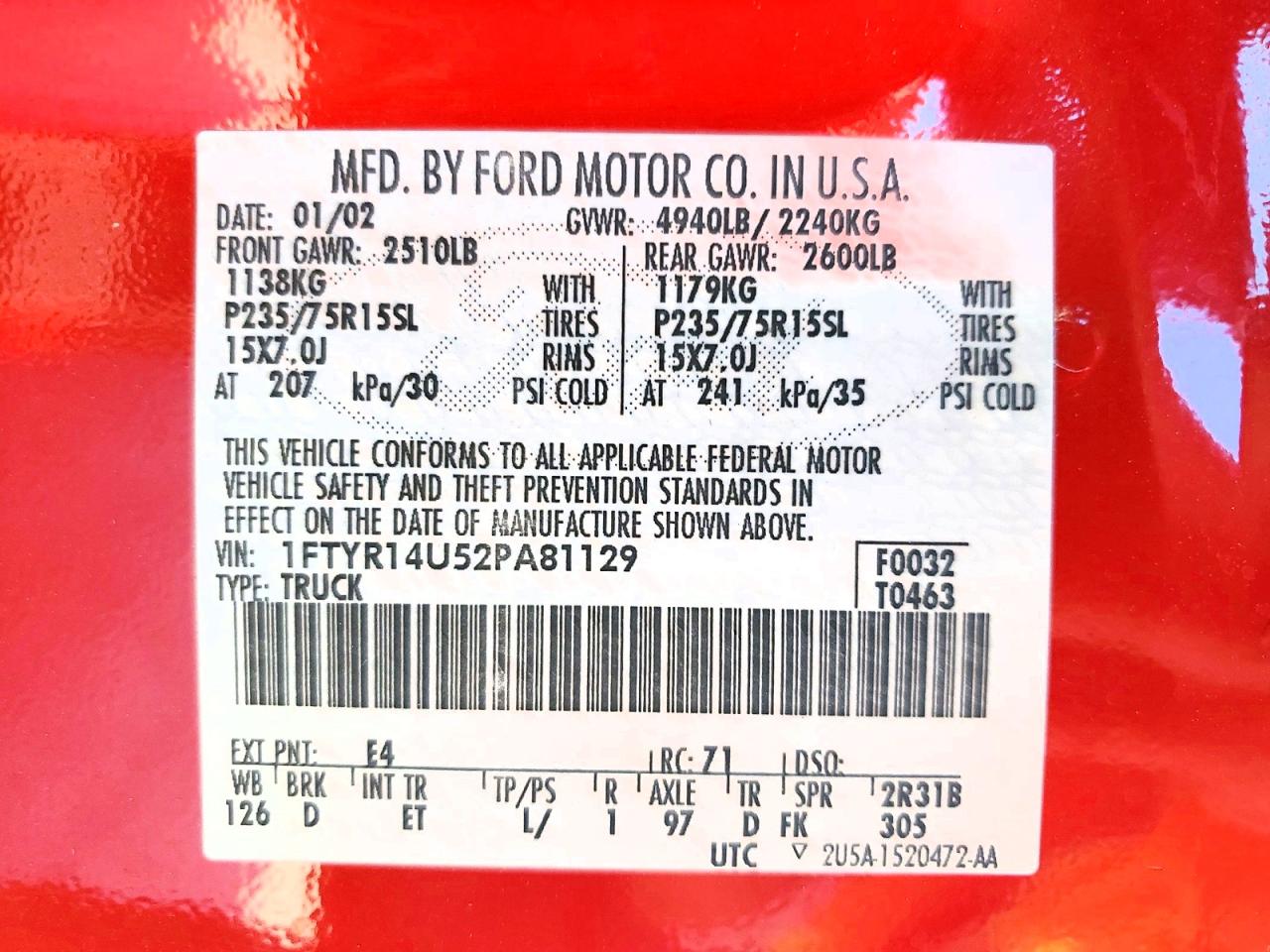 2002 Ford Ranger Super Cab Red vin: 1FTYR14U52PA81129