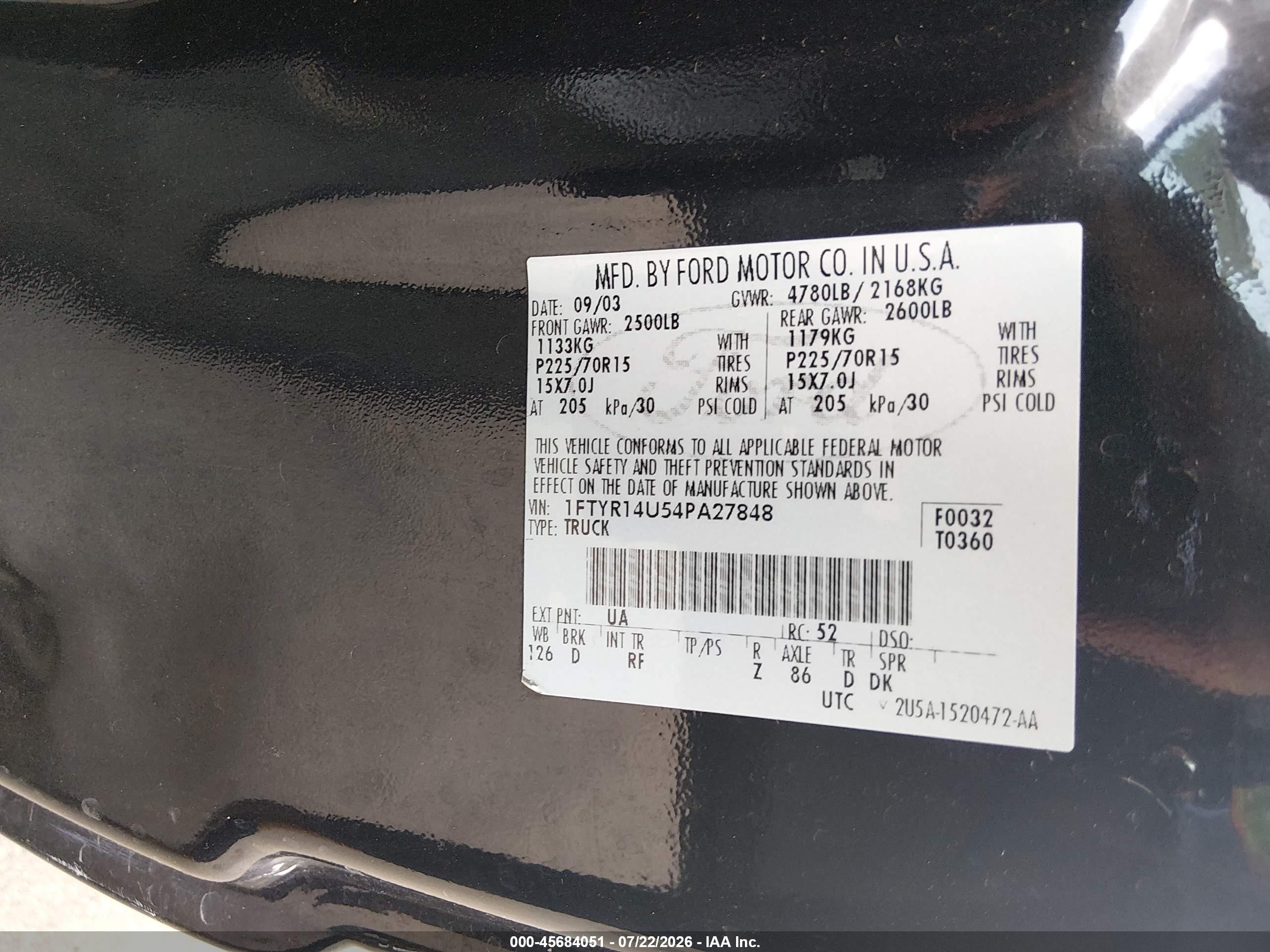 2004 Ford Ranger Edge/tremor/xl/xlt Black vin: 1FTYR14U54PA27848