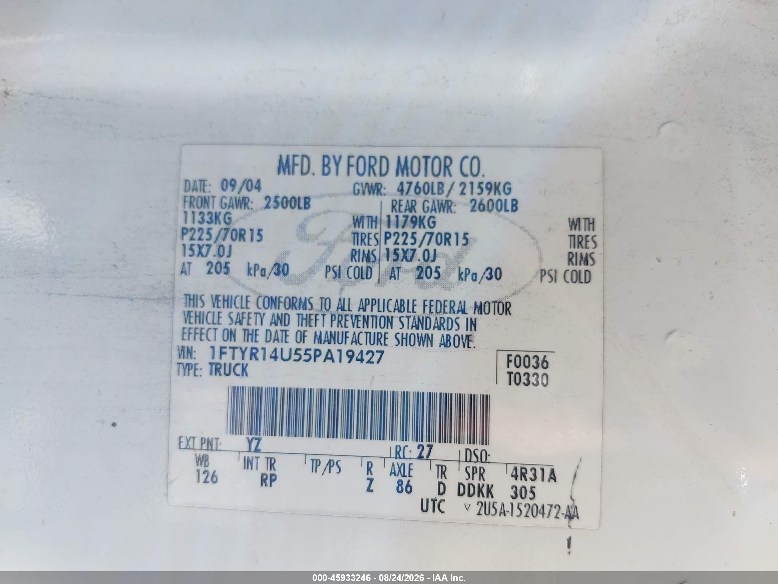 2005 Ford Ranger Edge/stx/xl/xlt Белый vin: 1FTYR14U55PA19427