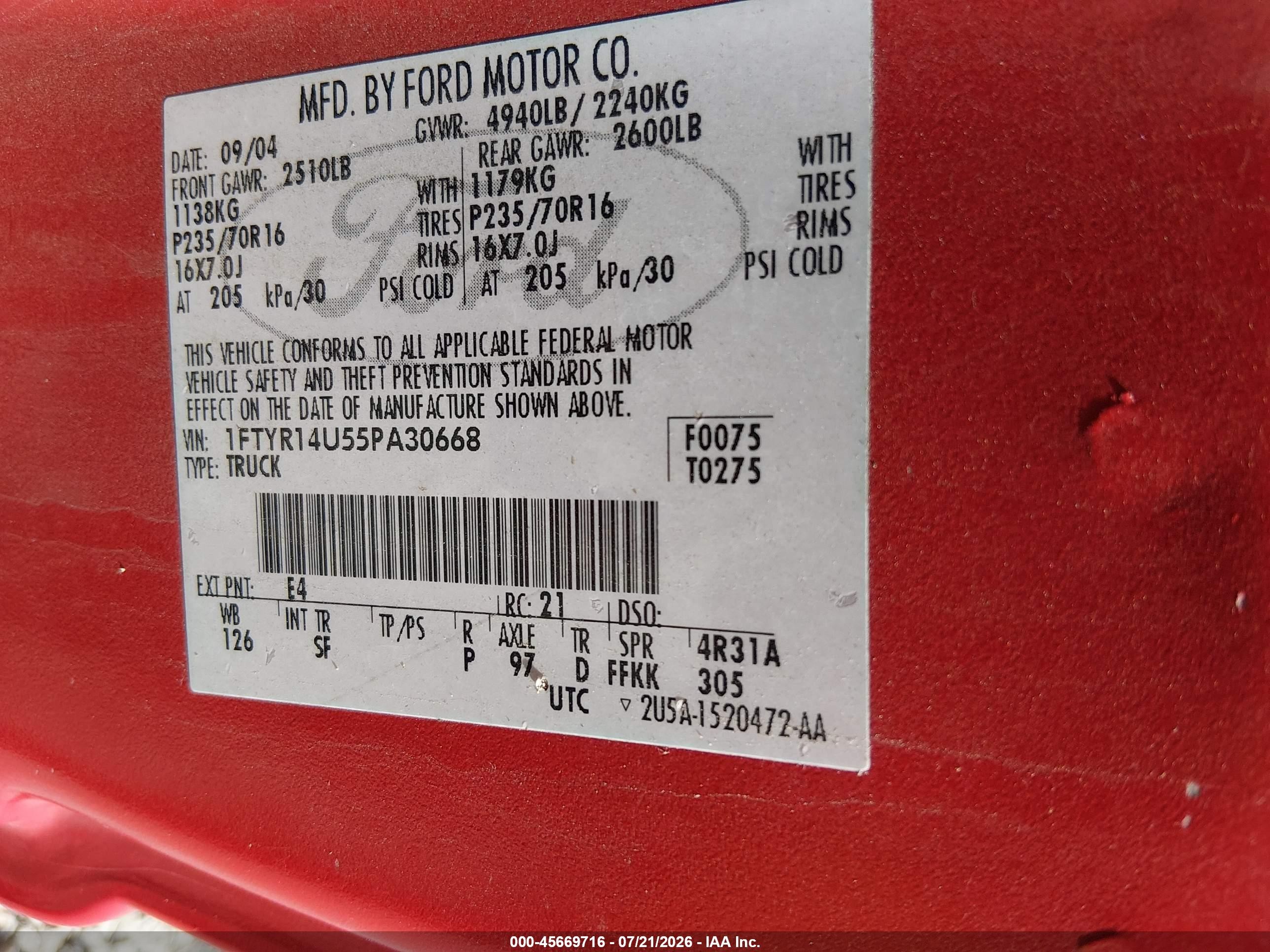 2005 Ford Ranger Edge/stx/xl/xlt Красный vin: 1FTYR14U55PA30668