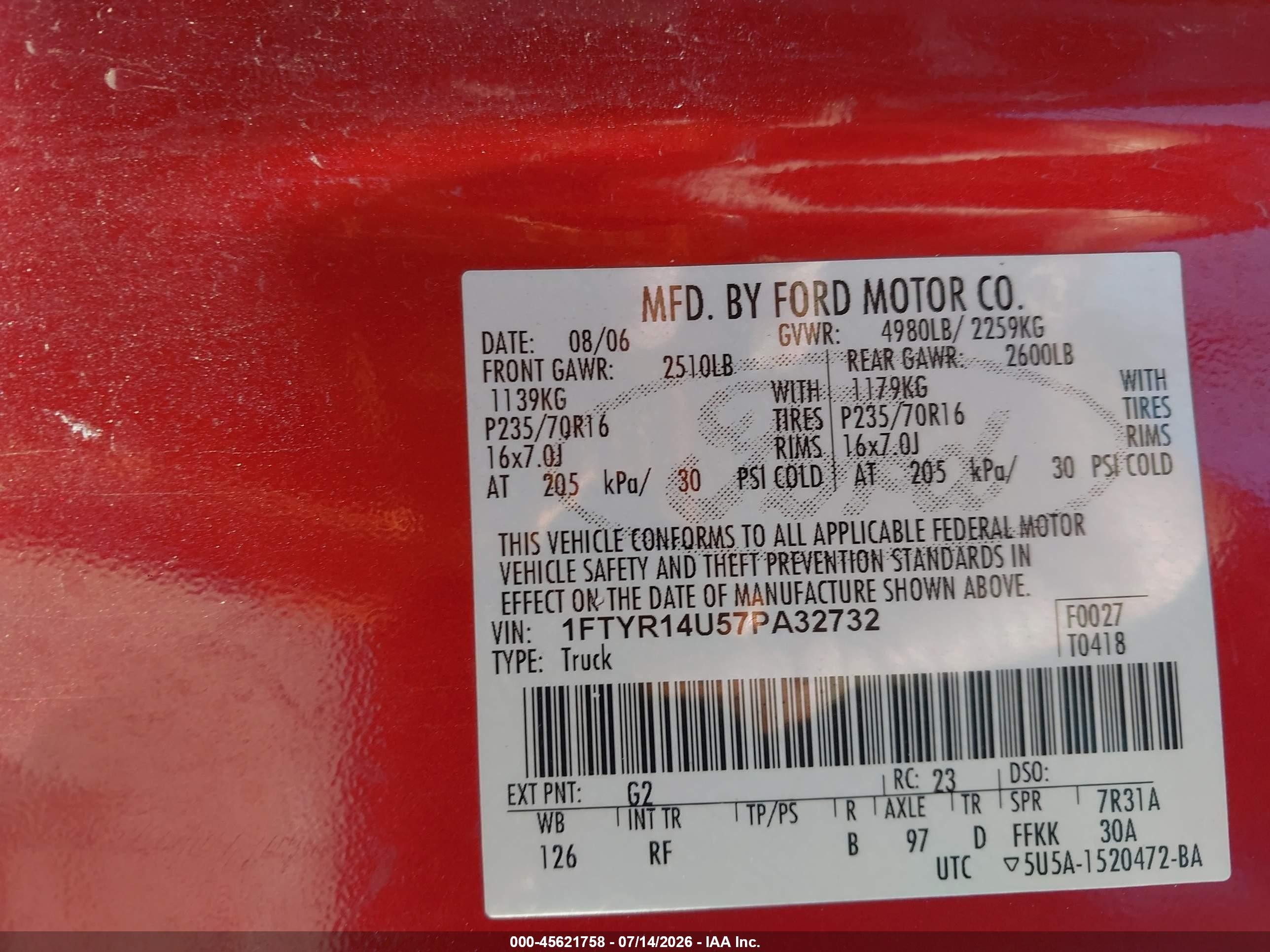 2007 Ford Ranger Sport/stx/xl/xlt Red vin: 1FTYR14U57PA32732