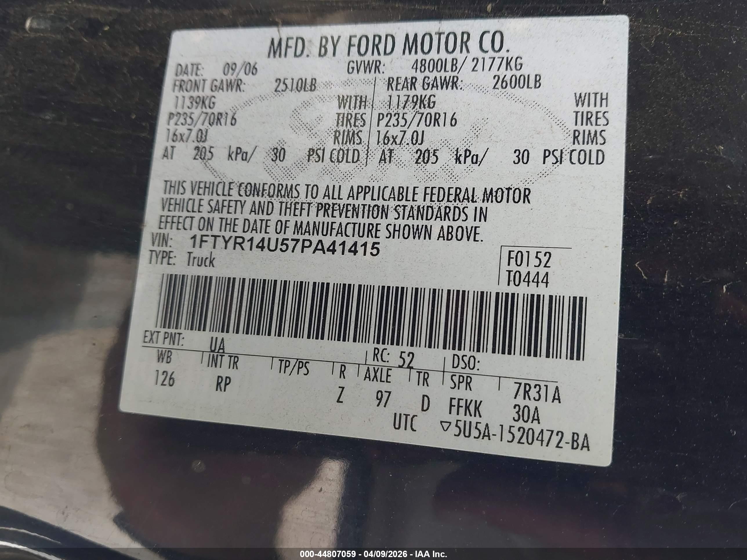 2007 Ford Ranger Sport/stx/xl/xlt Black vin: 1FTYR14U57PA41415