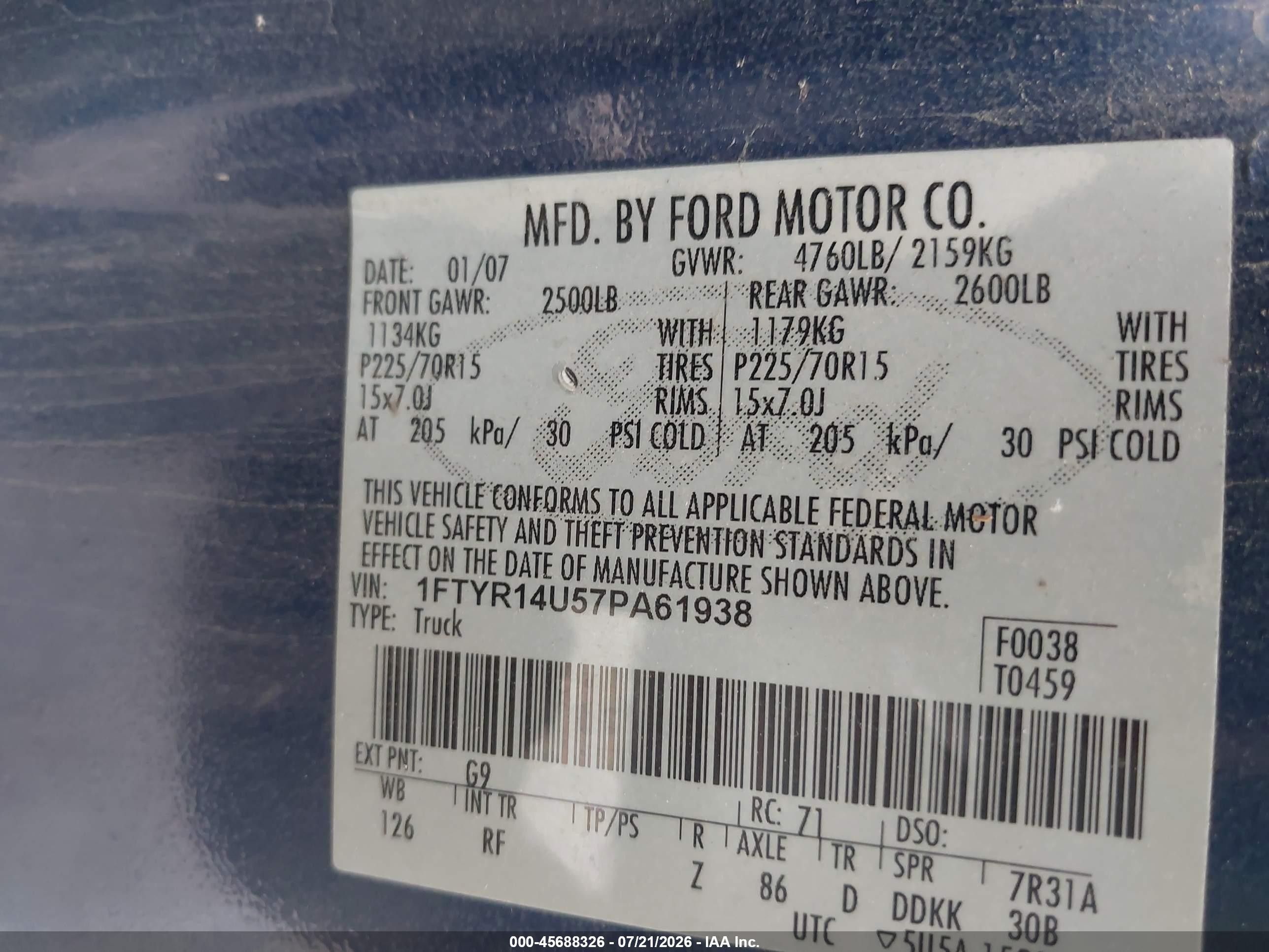 2007 Ford Ranger Sport/stx/xl/xlt Blue vin: 1FTYR14U57PA61938