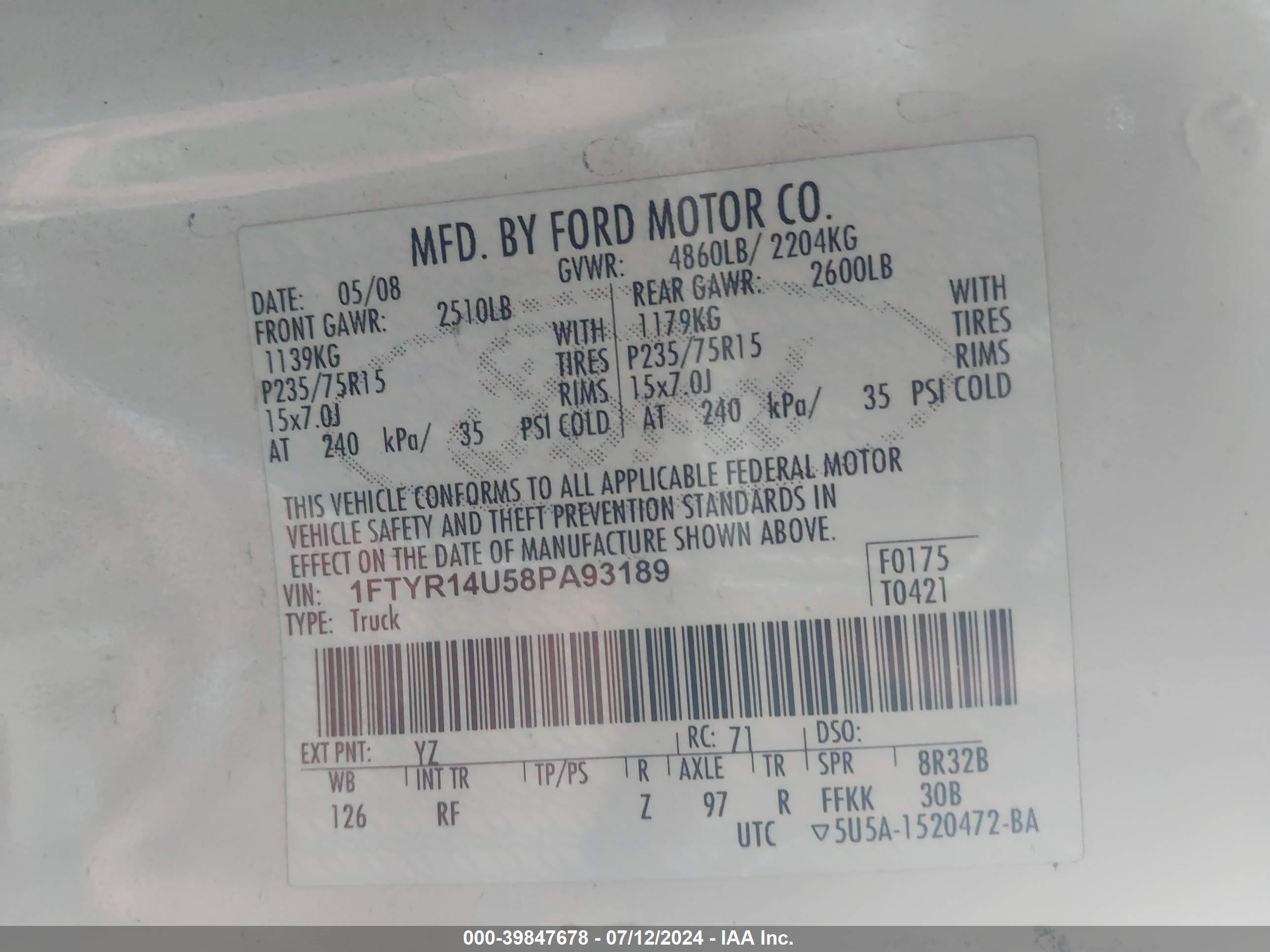 2008 Ford Ranger Sport/xl/xlt Белый vin: 1FTYR14U58PA93189