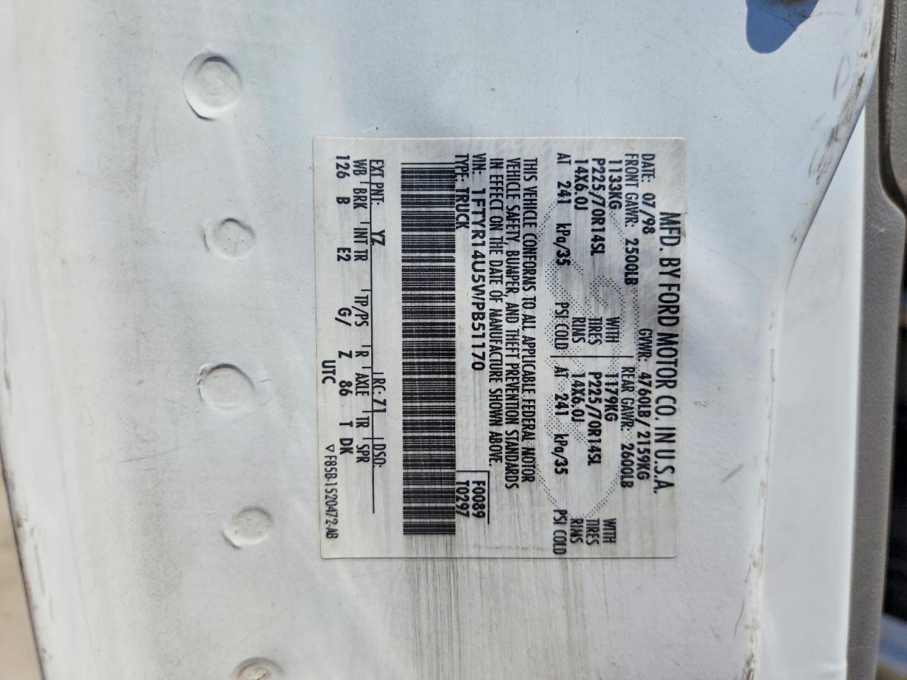 1998 Ford Ranger Super Cab White vin: 1FTYR14U5WPB51170