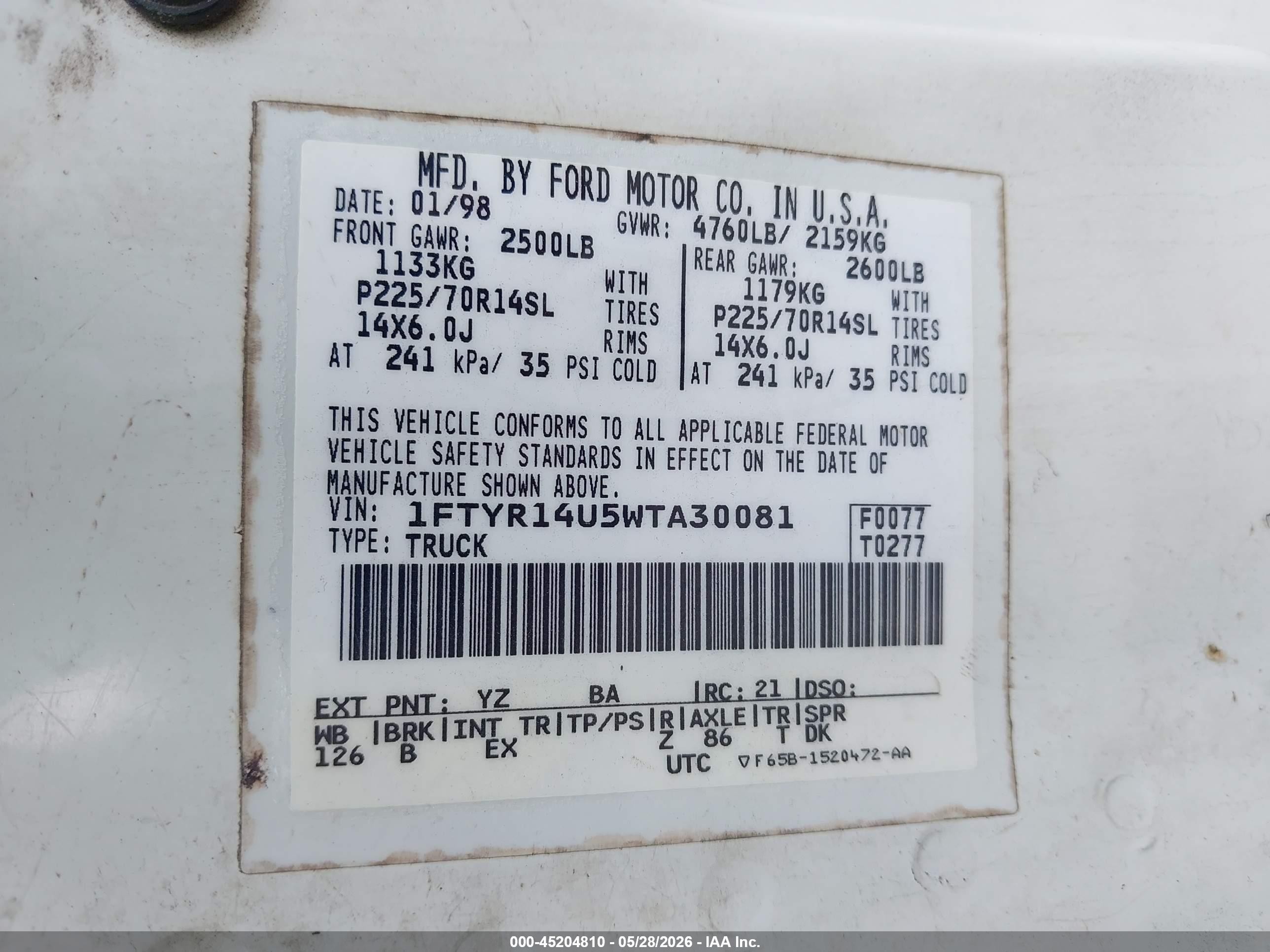 1998 Ford Ranger Splash/xl/xlt White vin: 1FTYR14U5WTA30081