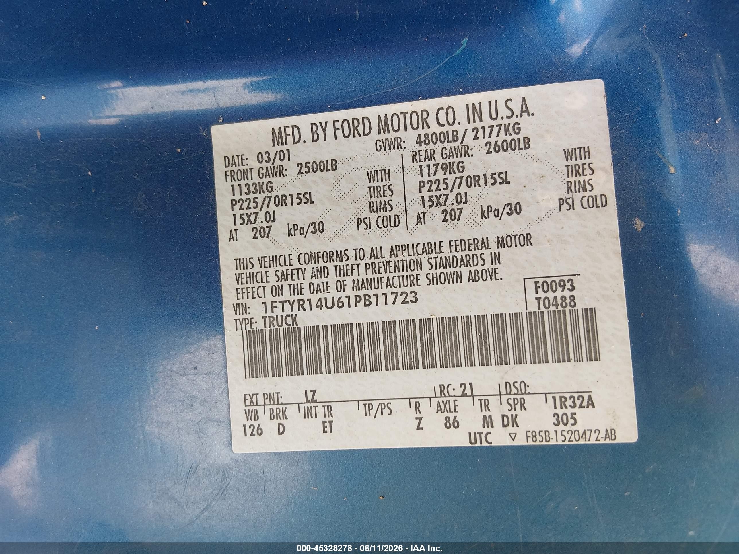 2001 Ford Ranger Edge/xl/xlt Blue vin: 1FTYR14U61PB11723