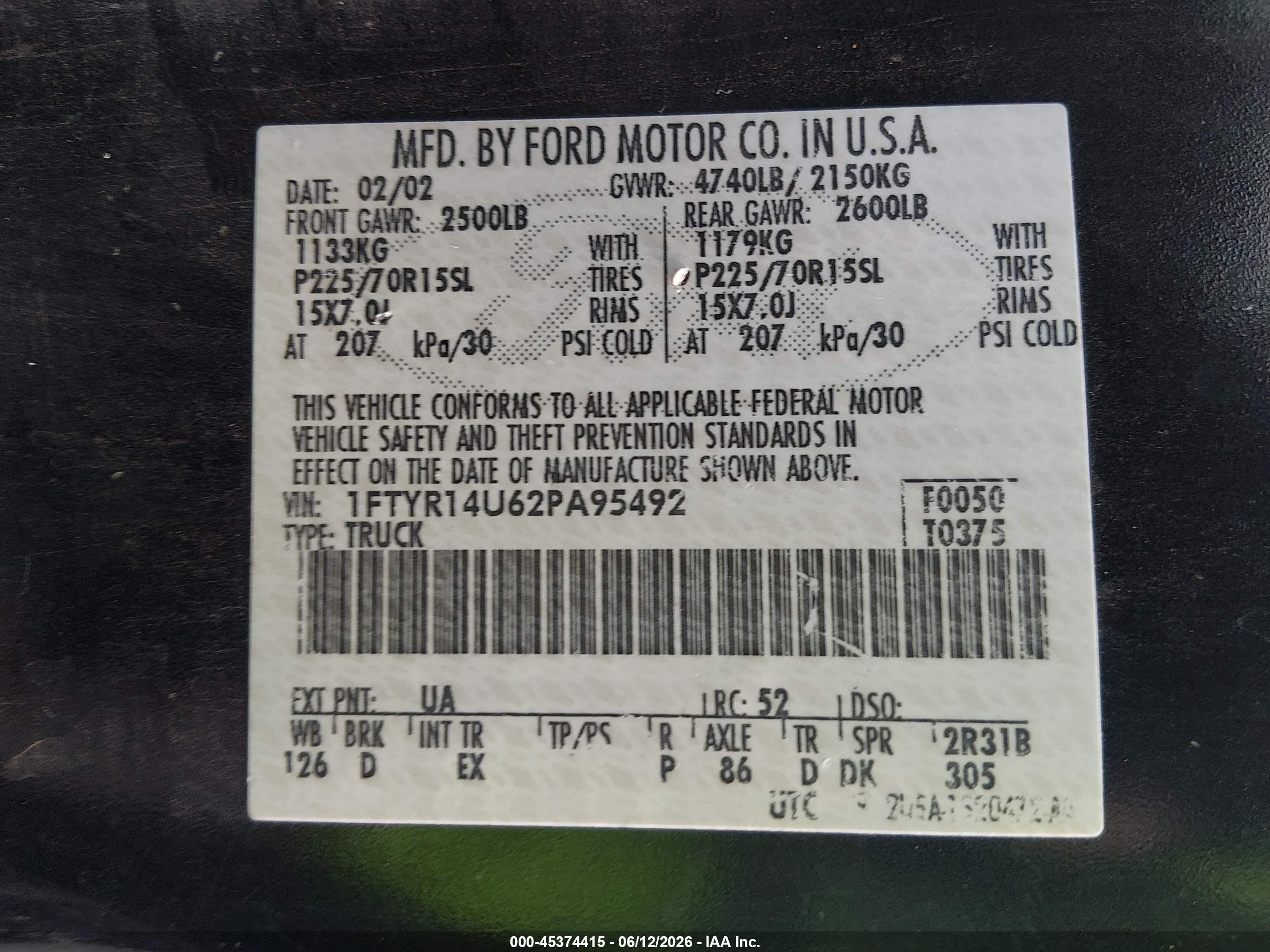 2002 Ford Ranger Edge/tremor/xl/xlt Blue vin: 1FTYR14U62PA95492