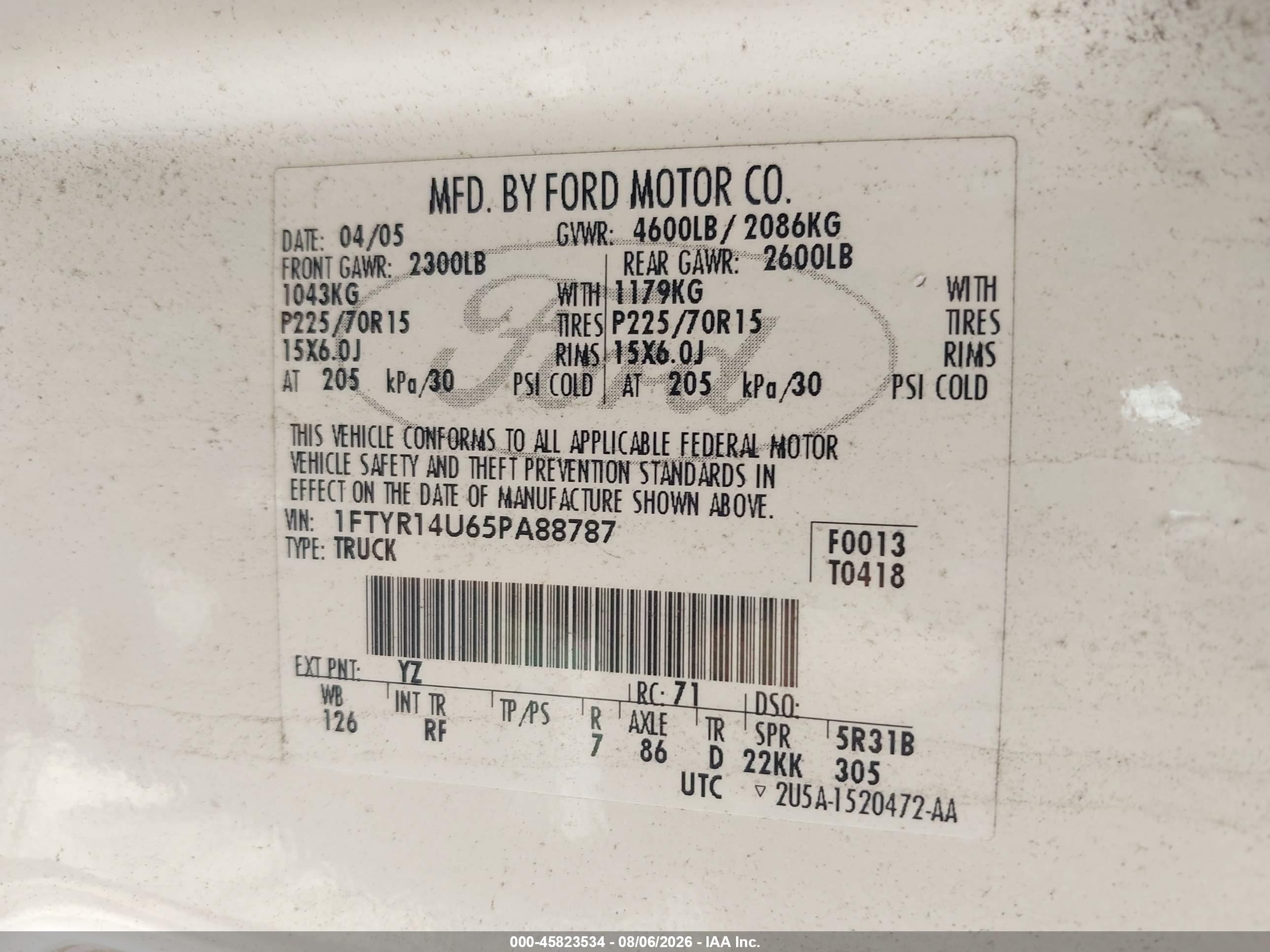 2005 Ford Ranger Edge/stx/xl/xlt White vin: 1FTYR14U65PA88787