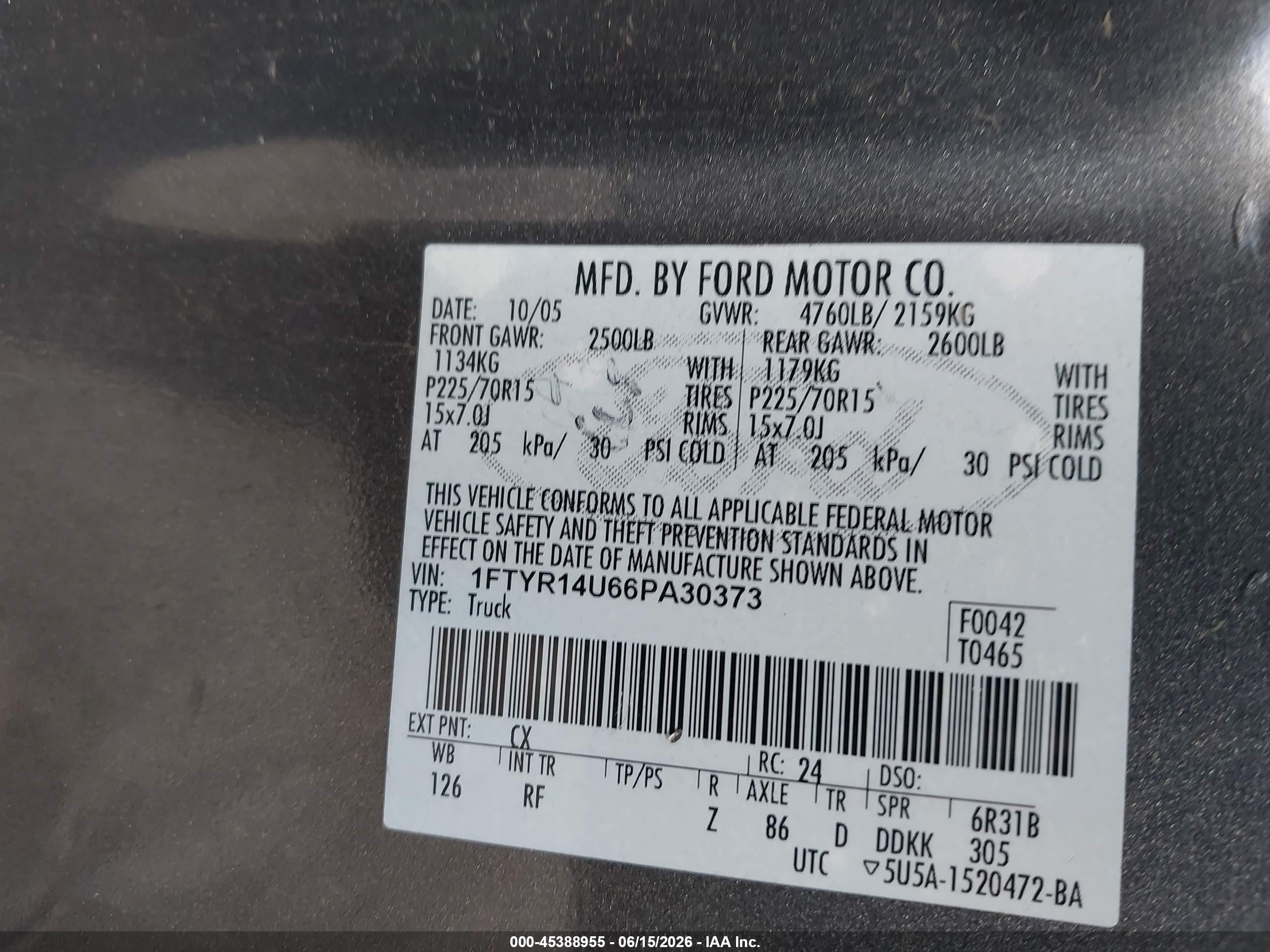 2006 Ford Ranger Sport/stx/xl/xlt Gray vin: 1FTYR14U66PA30373