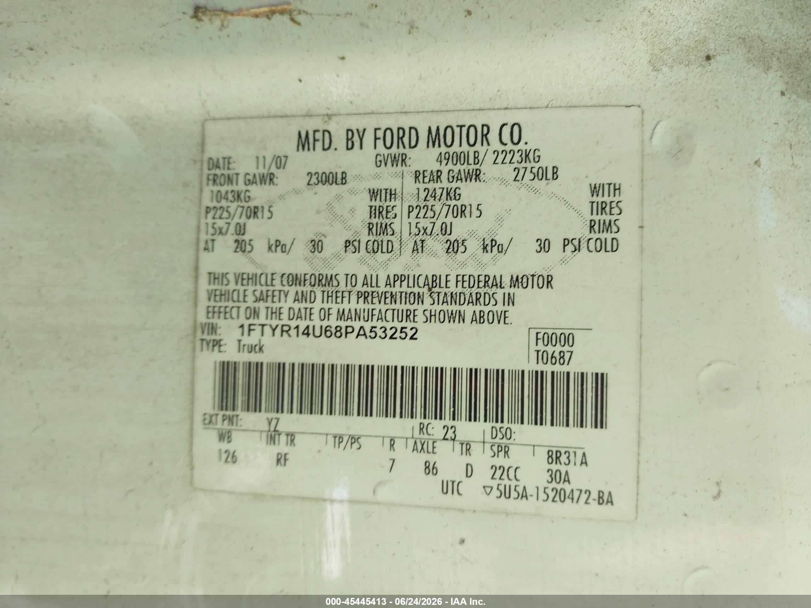 2008 Ford Ranger   White vin: 1FTYR14U68PA53252