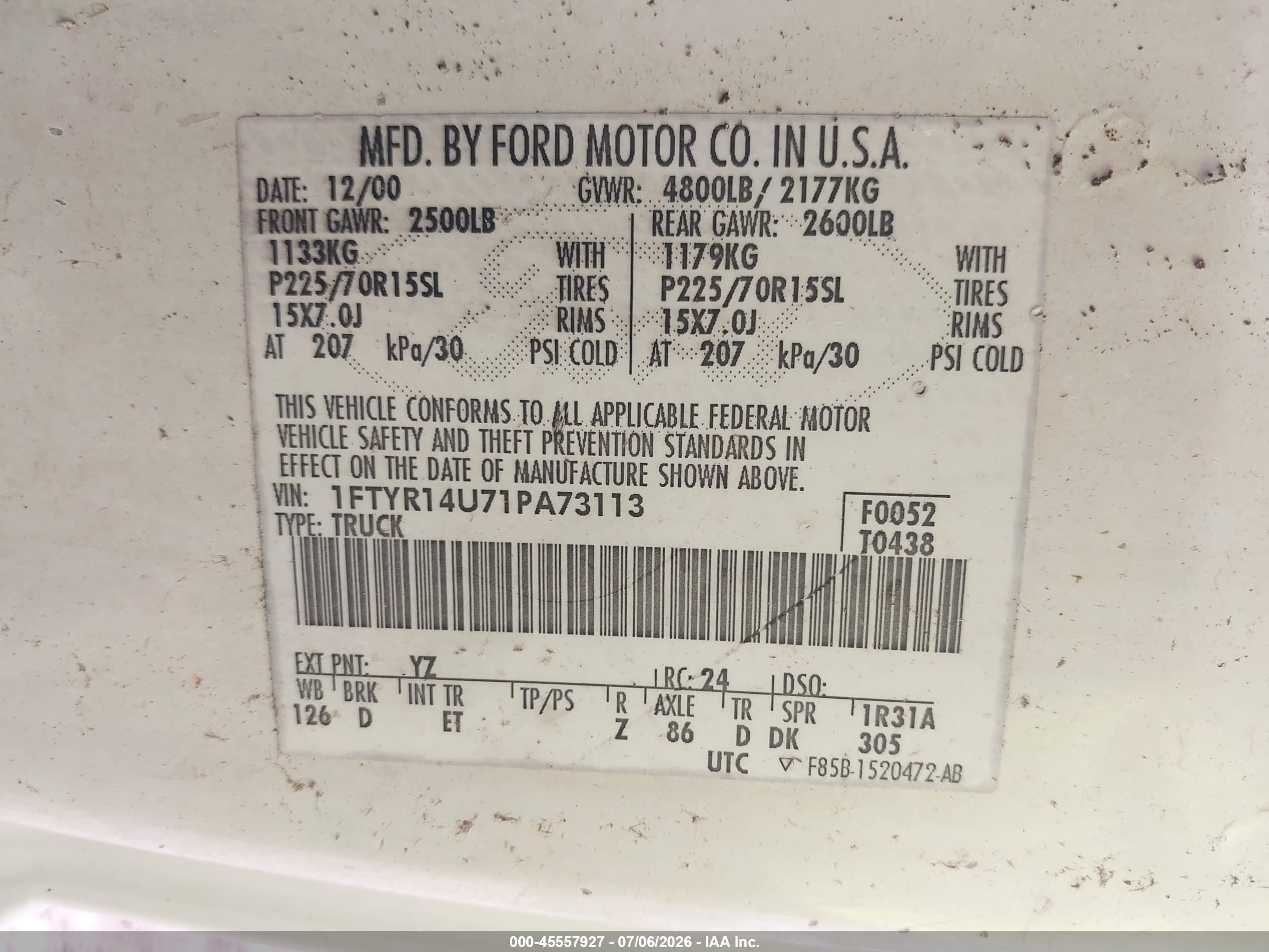 2001 Ford Ranger Edge/xl/xlt White vin: 1FTYR14U71PA73113