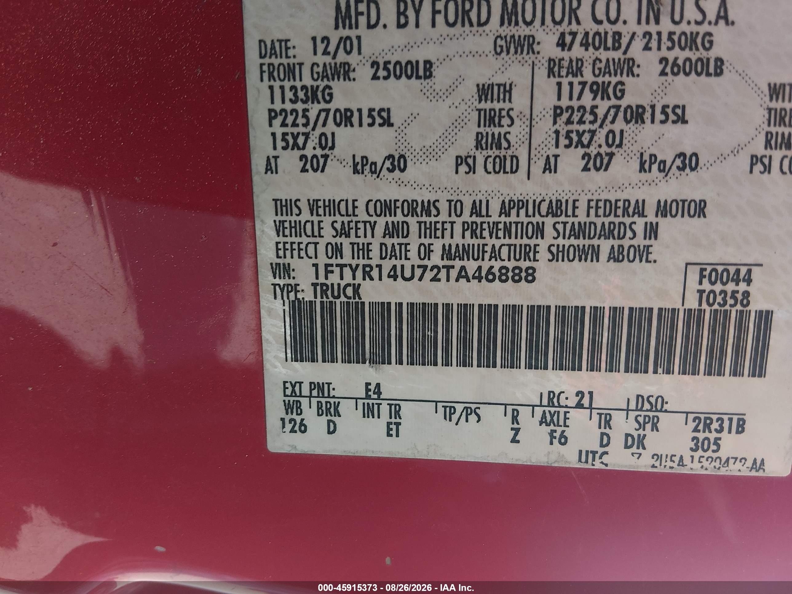2002 Ford Ranger Edge/tremor/xl/xlt Красный vin: 1FTYR14U72TA46888