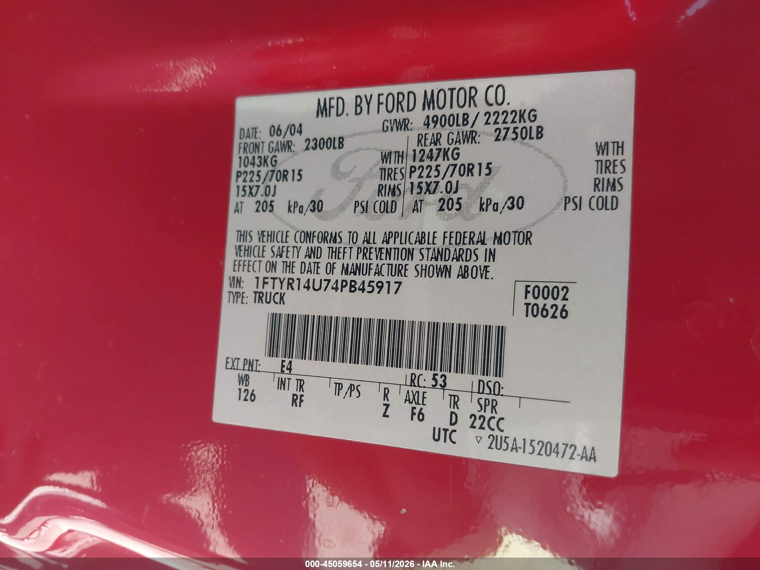 2004 Ford Ranger Edge/tremor/xl/xlt Red vin: 1FTYR14U74PB45917