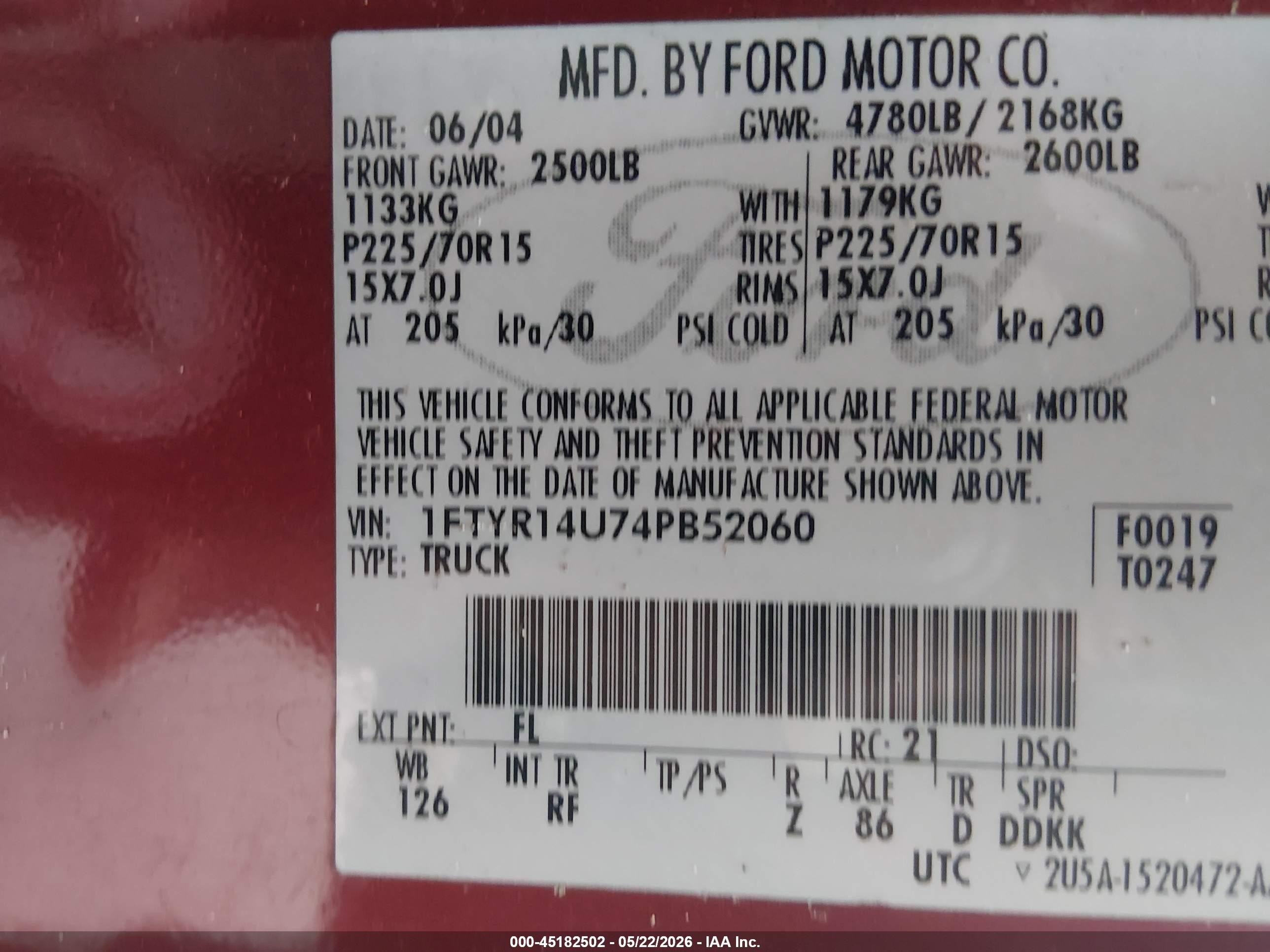 2004 Ford Ranger Edge/tremor/xl/xlt Burgundy vin: 1FTYR14U74PB52060