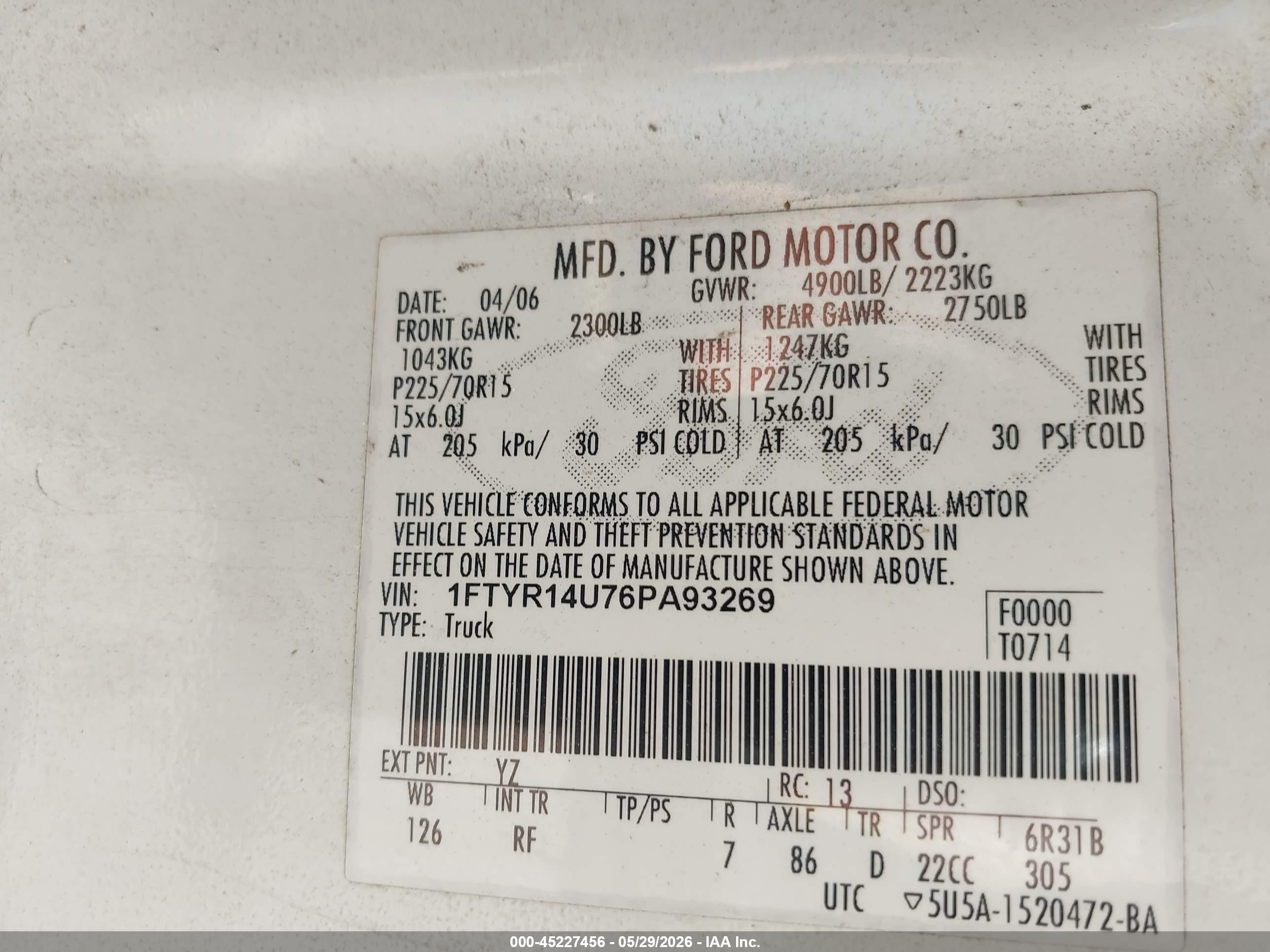 2006 Ford Ranger Sport/stx/xl/xlt White vin: 1FTYR14U76PA93269
