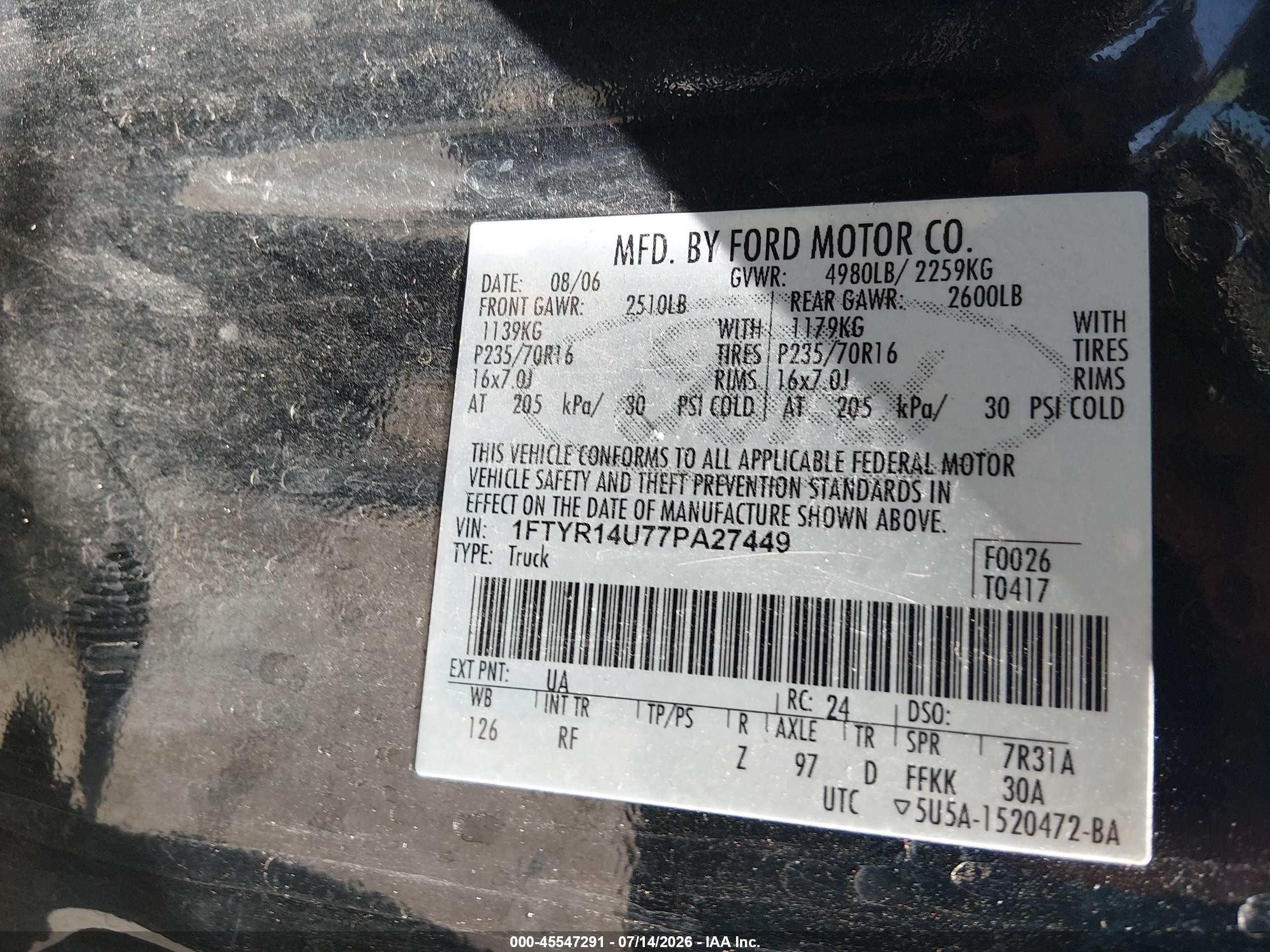 2007 Ford Ranger Sport/stx/xl/xlt Black vin: 1FTYR14U77PA27449